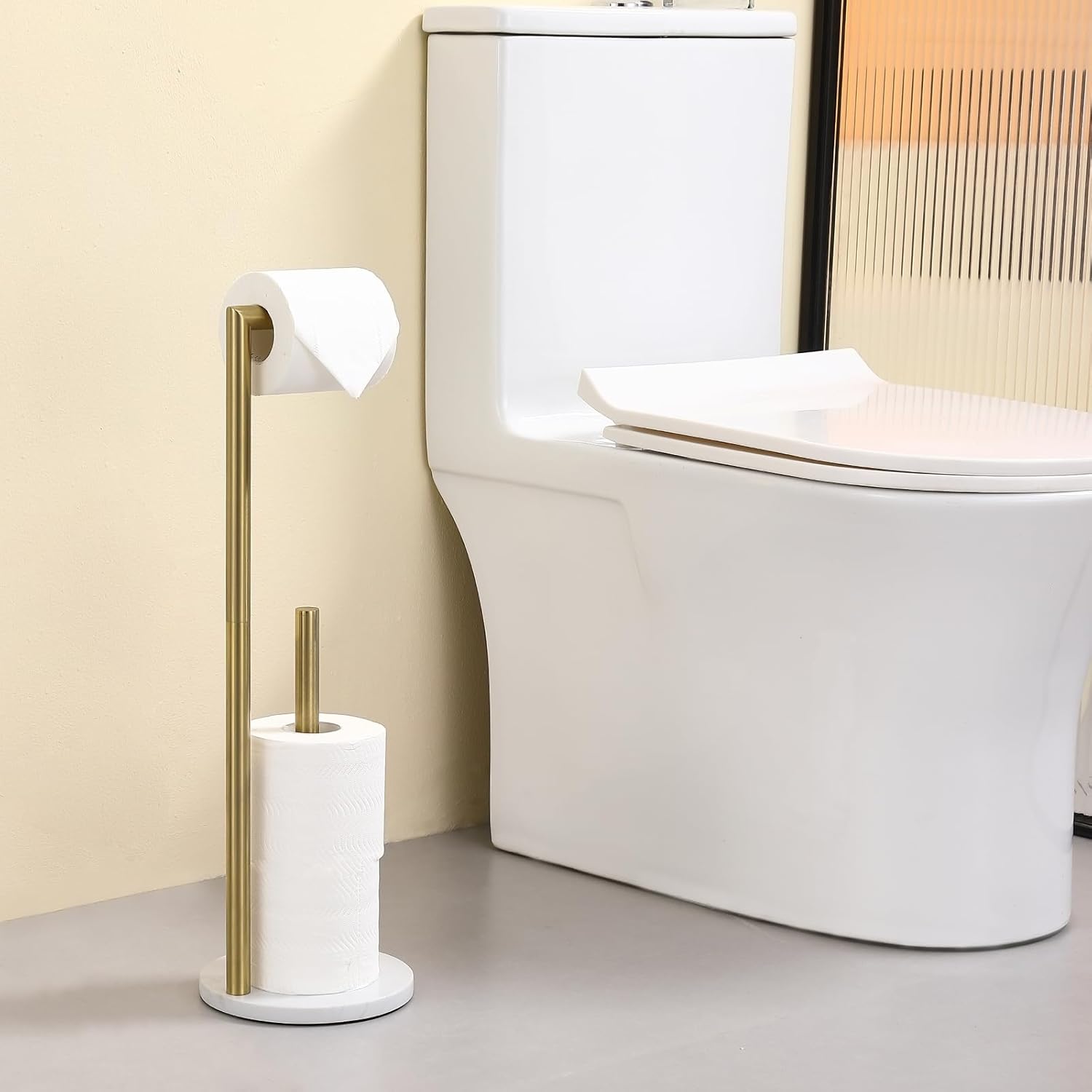 Hoooh Free Standing Toilet Paper Holder - Heavyweight Marble Base Tissue Roll Holder Stand with Reserve, Brushed Gold Stainless Steel for Bathroom