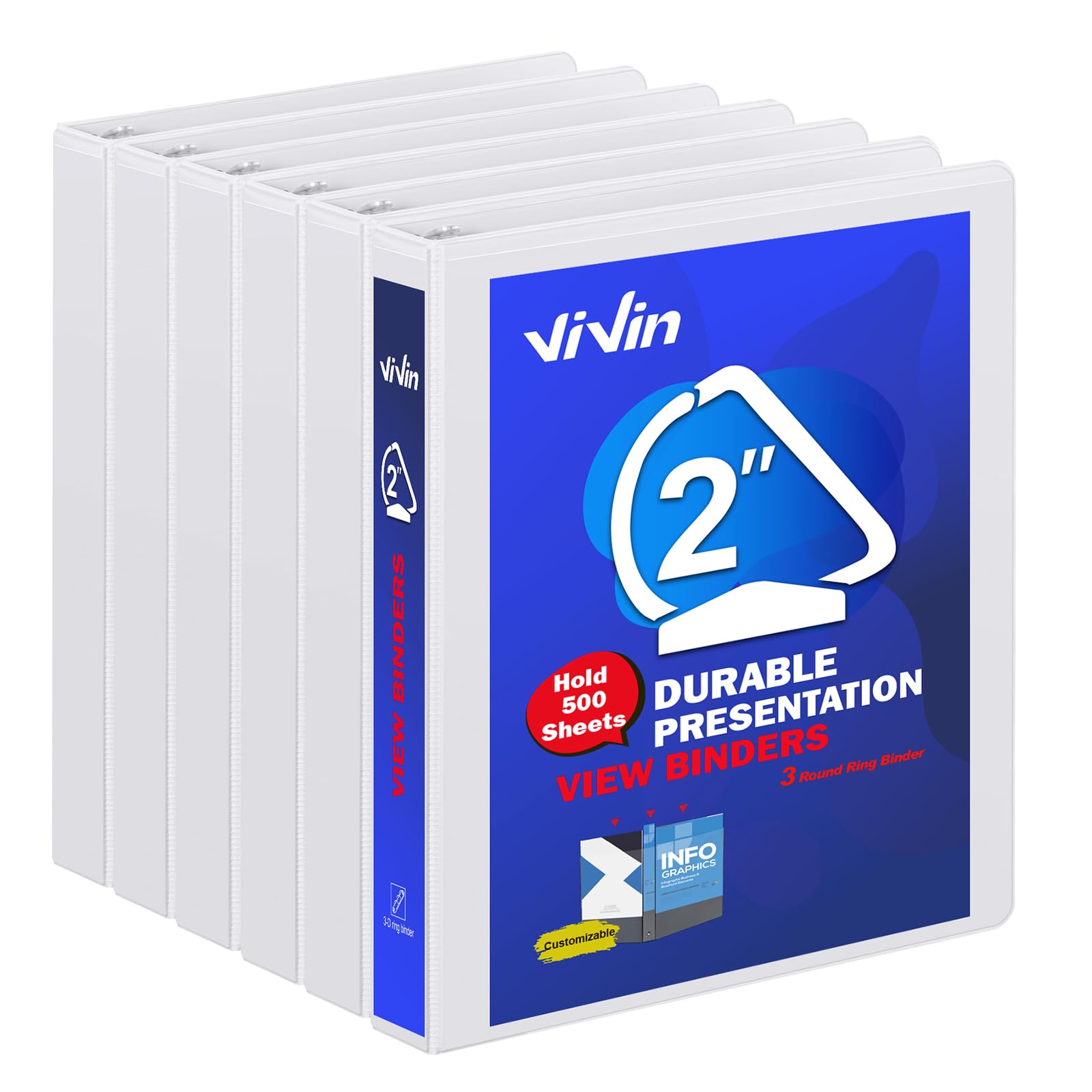 ViVin Durable 2 Inch D Ring Binders, 2'' 3 Ring View Binder with Customizable Clear Cover, Holds 500 Sheets of 8.5" x 11" Paper, 6 Pack, White
