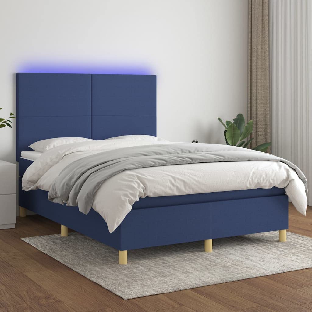 Cama con somier con colchón LED azul, 140 x 190 cm, estructura de poliéster transpirable, protección contra el ruido, cabecero regulable en altura para jóvenes invitados dormitorio