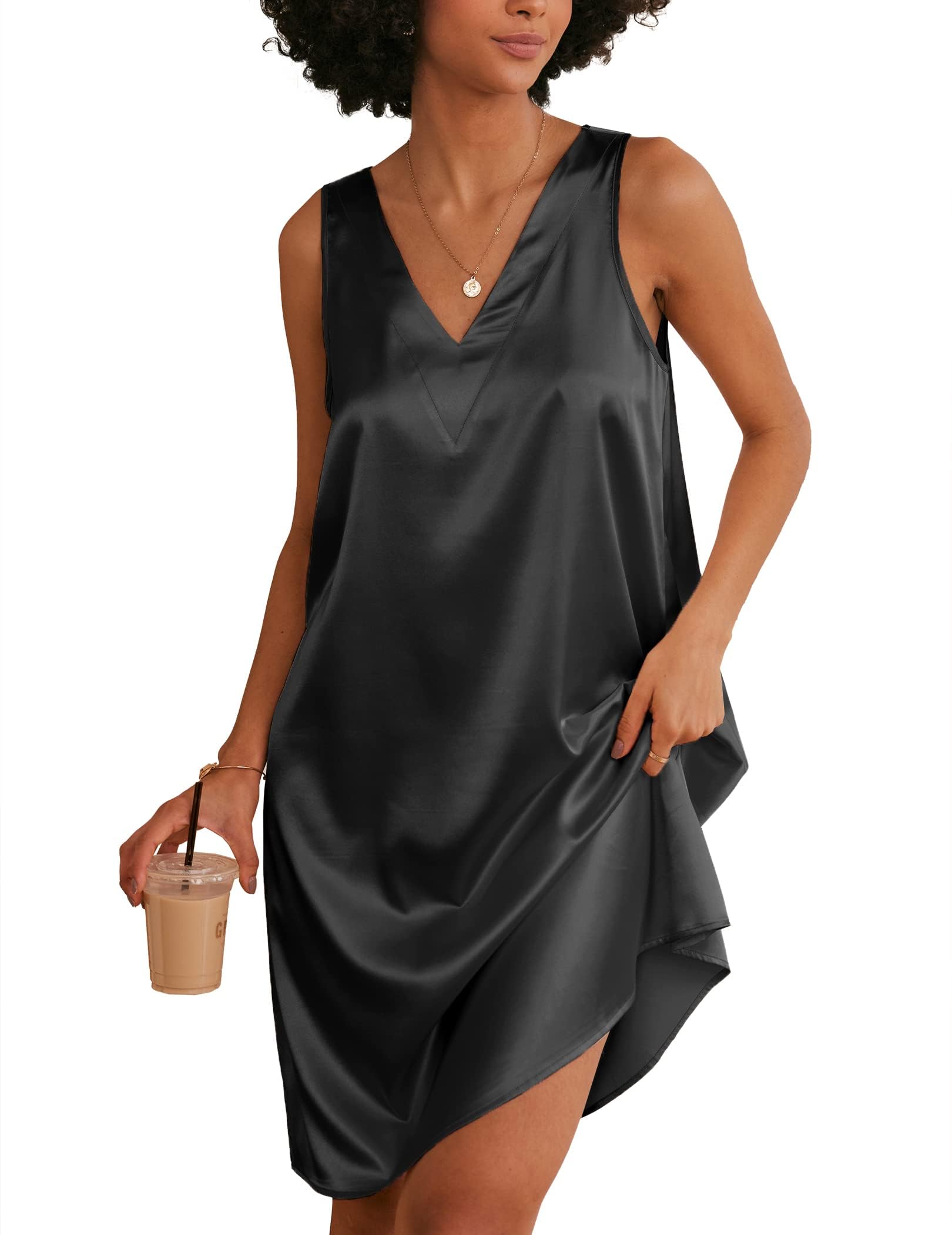 Ekouaer Women's Satin Silk Nightgown V Neck Nightie Tank Sleepshirt Sleeveless Summer Dress Comfy Loungewear