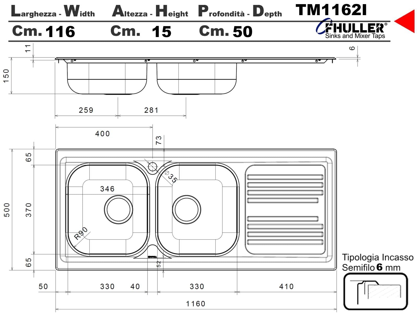 Lavello TM1162ILPC da incasso 2 vasche con gocciolatoio sinistro | Acciaio Inox Prelucido | 116x50 cm | Foro Scarico 3,5” | Lavello Cucina Resistente, Igienico e Facile da Pulire