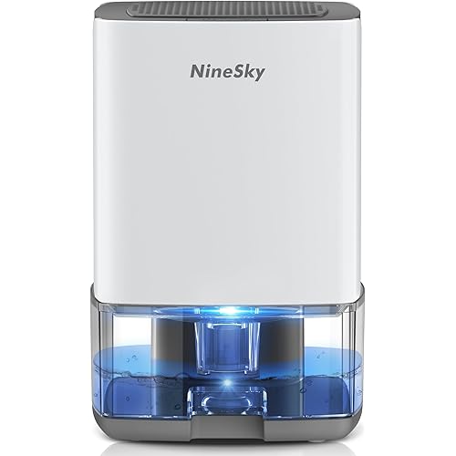 NineSky Dehumidifier for Home, 35oz Water Tank (300 sq.ft), Small Dehumidifiers for Bathroom, Bedroom, Basement with 7 Colorful Lights, Auto Shut Off, White Gray