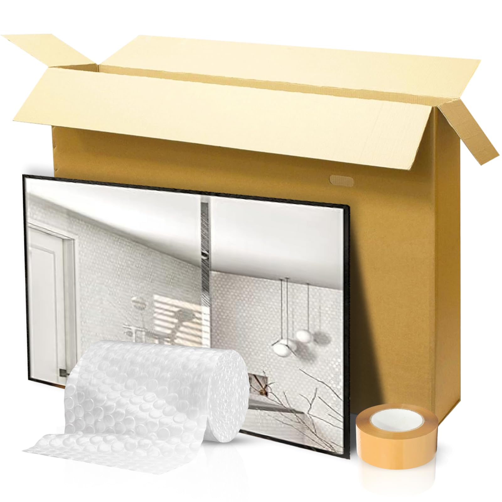 Mirror Packaging Box | Sturdy Double-Walled Cardboard with Handles | Includes 10m Bubble Wrap & Strong Tape Roll | Perfect for Shipping Mirrors, Frames & Paintings (Large)