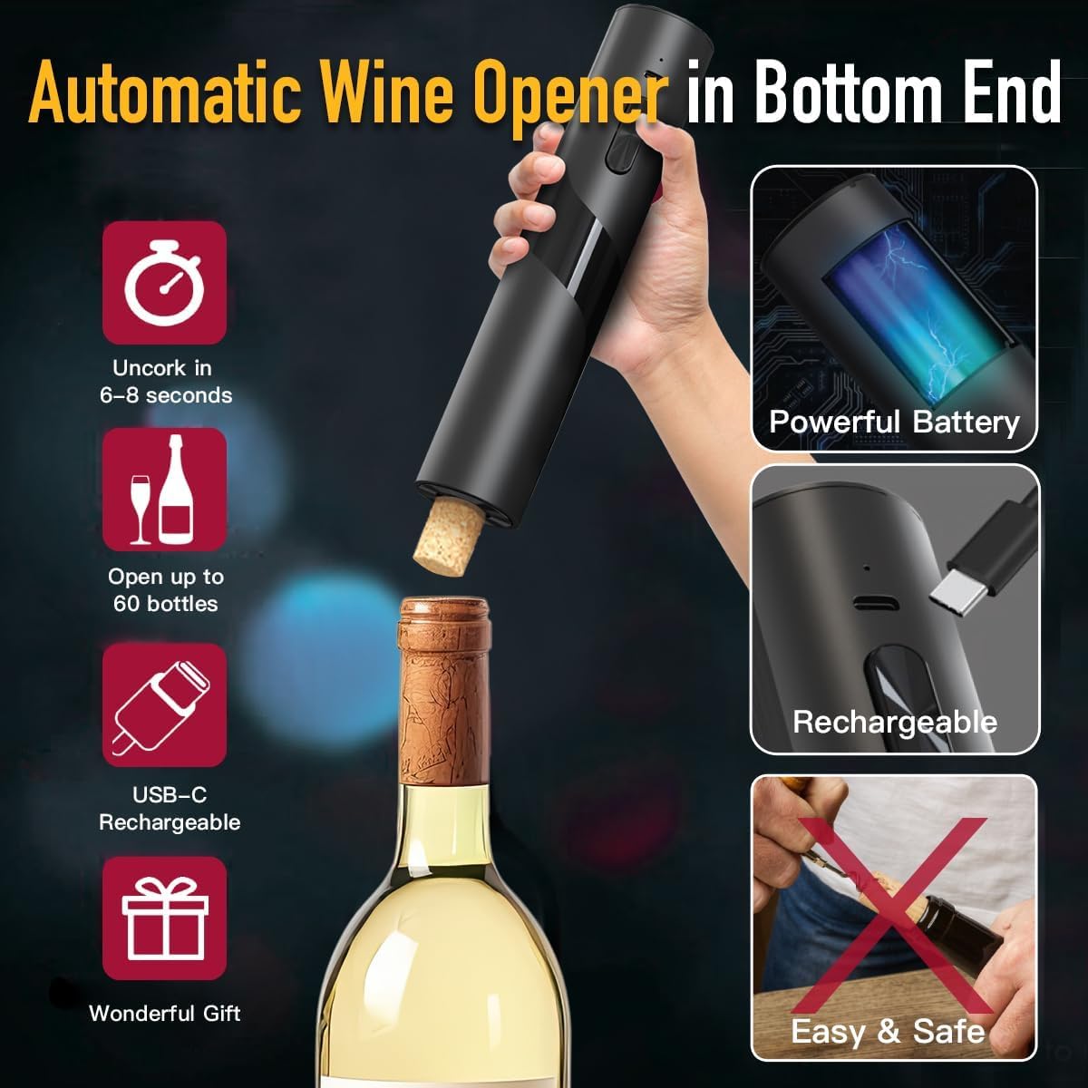 Abridor de vino eléctrico 6 en 1 con base de carga, parte inferior de sacacorchos automático + tapa automática de ahorro de vino | Regalo perfecto para vino