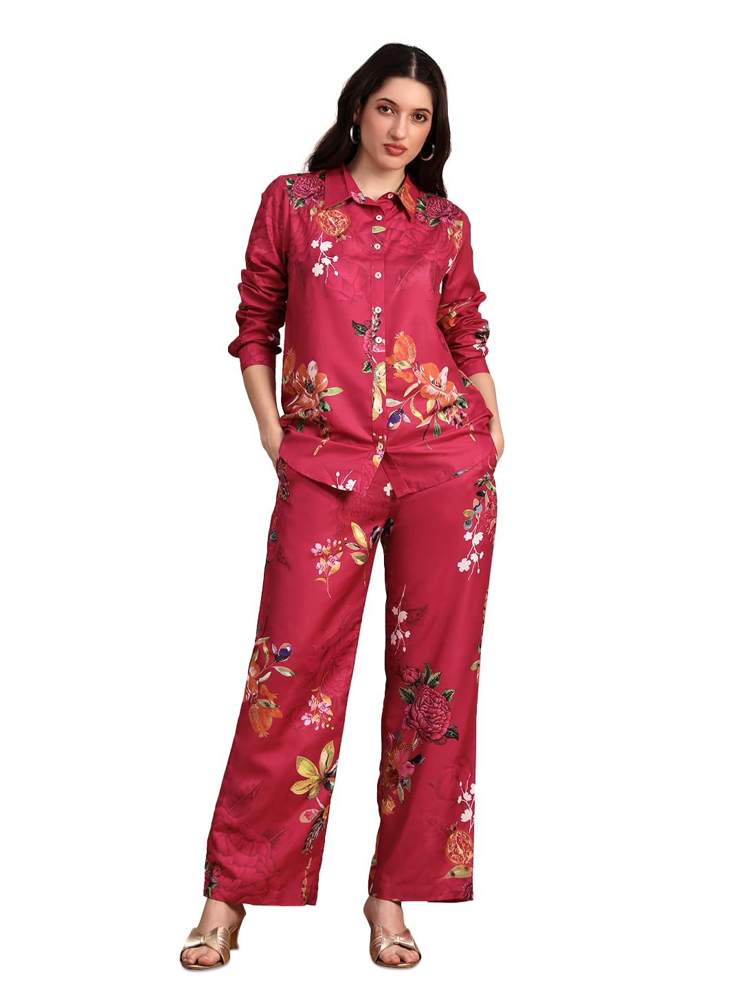 globus Women Ethnic Print V-Neck Gathered Detail Tunic & Mid Rise Wide Leg Trouser Fusion Co-Ord Set-picture-27