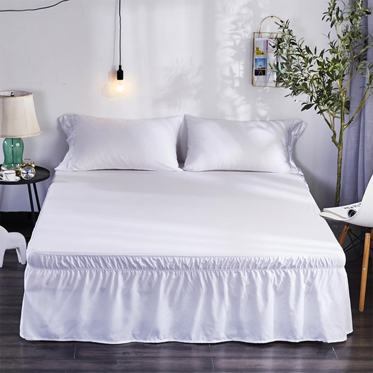 Gonna da Letto Bianca in Poliestere Fascia Elastica e Design a Pieghe, Elegante e Semplice, Decorazione per Casa e Hotel, Misura 200x200 Cm