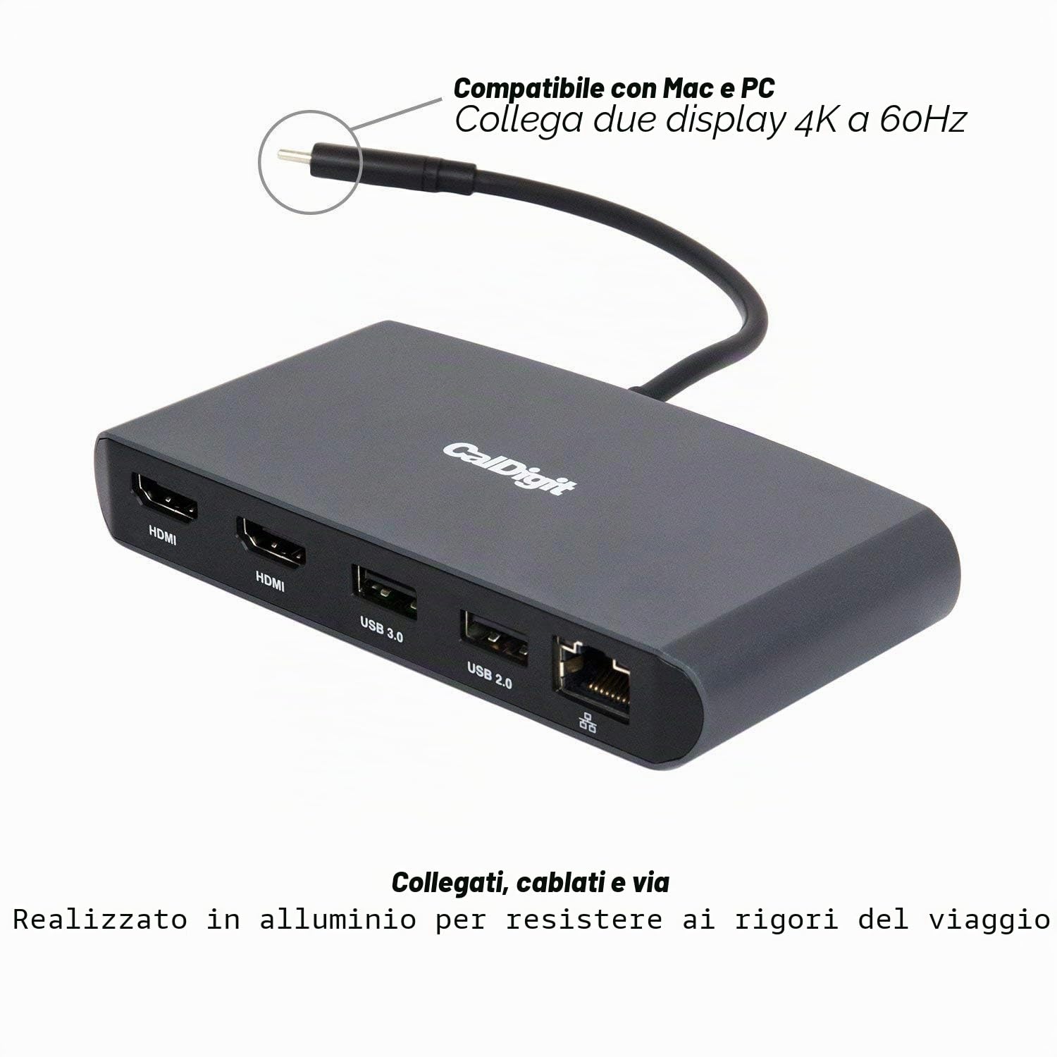 Mini dock CalDigit Thunderbolt 3 (HDMI 2.0) - Portatile, alimentato tramite bus, 40 GB, doppio 4K @ 60 Hz, USB 3.0 e 2.0, GbE LAN. Compatibile con Thunderbolt 3 Mac e PC (Dual HDMI 2.0)