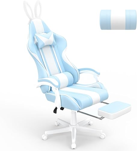 Ferghana Kawaii - Silla de juegos azul claro con orejas de conejo, ergonómica y bonita silla para jugadores con reposapiés y masaje, silla