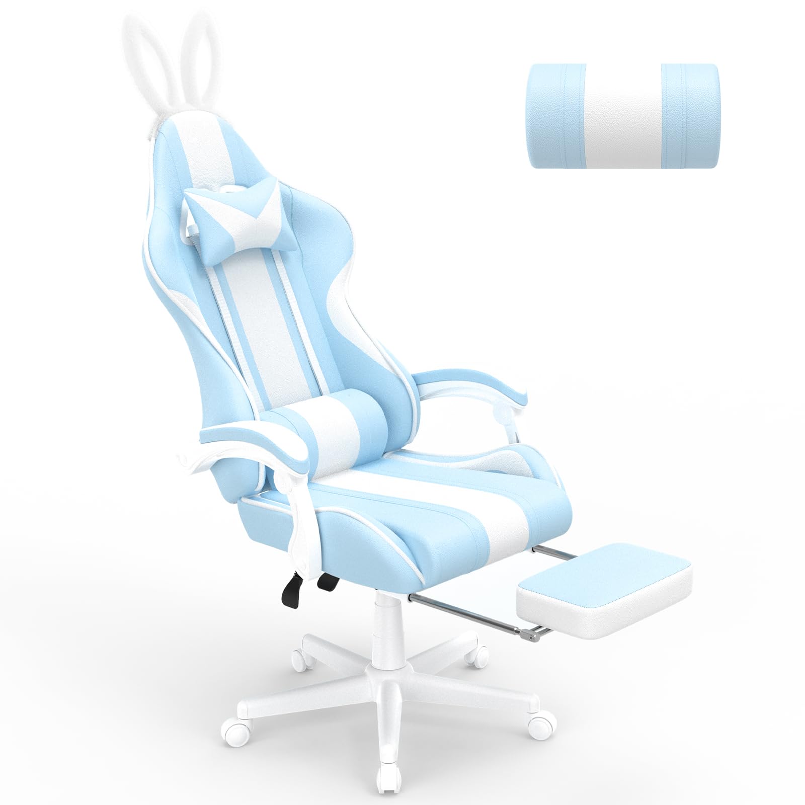 Ferghana Kawaii Light Blue Gaming Chair with Bunny Ears Ergonomic Cute Gamer Chair with Footrest and Massage Racing