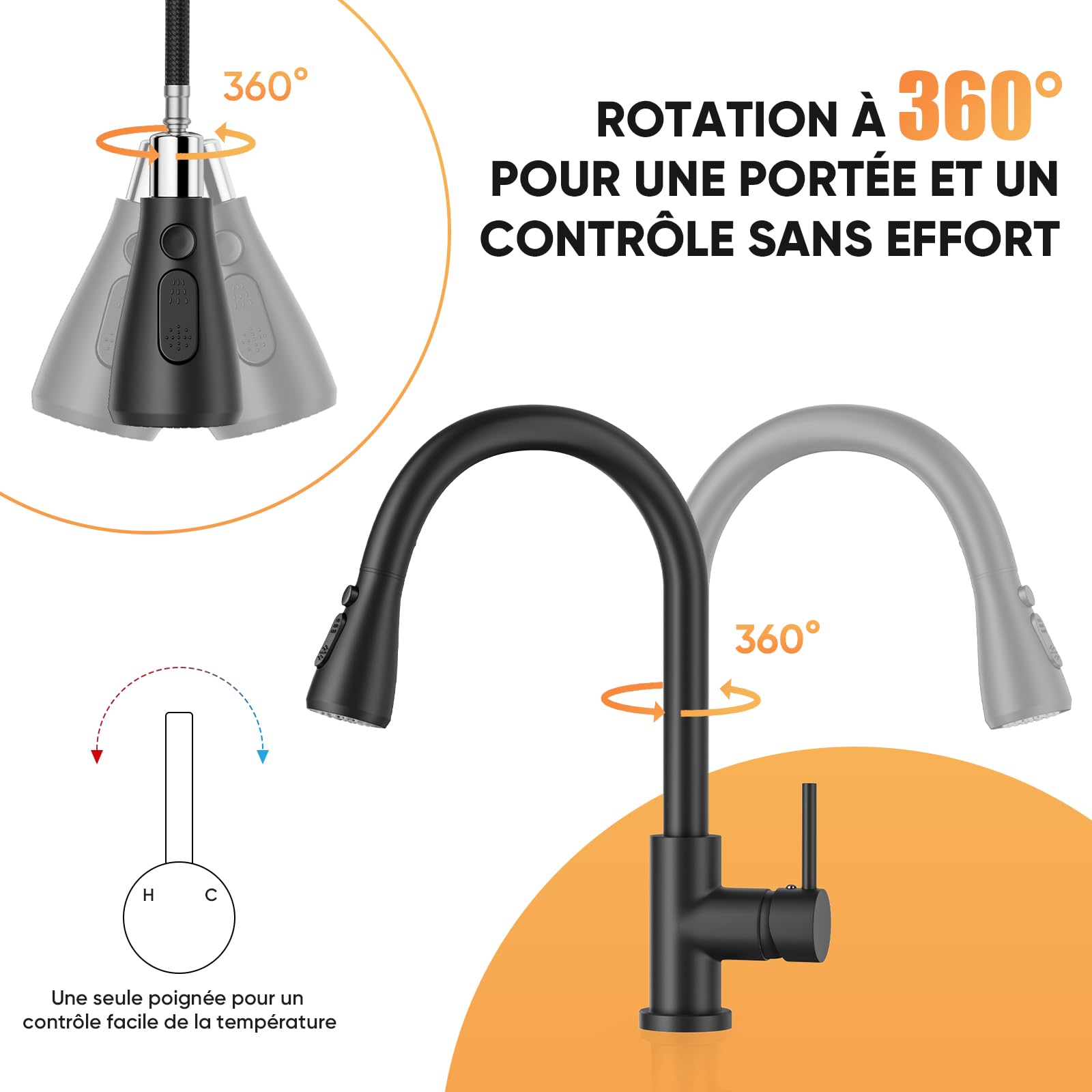 BESy Robinet Cuisine avec Douchette Rétractable, 3 Fonctions, Noir Mat