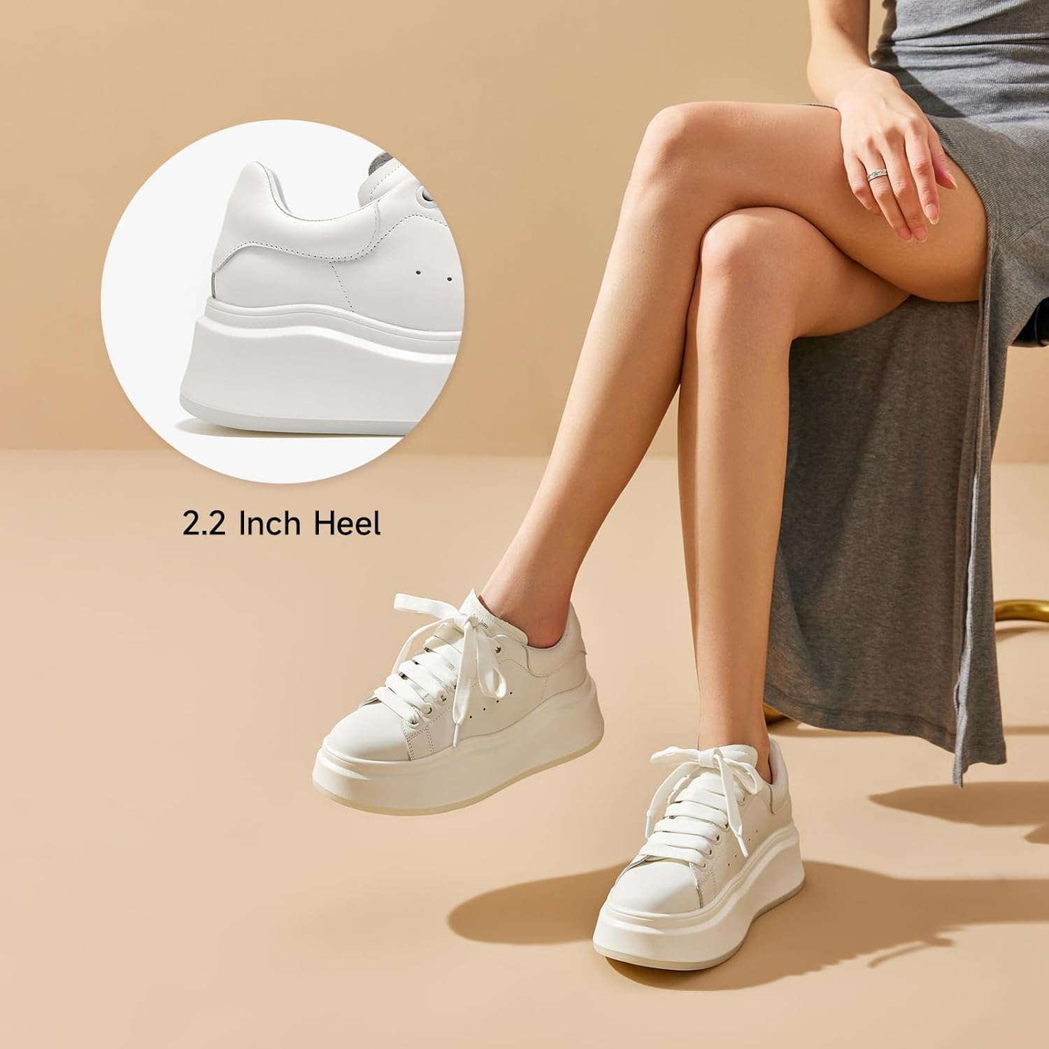 BEAU TODAY Platform White Sneakers for Women, Womens Leather Casual Tennis Shoes, Chunky Fashion Cute Comfortable Lace-up Slip-on Dress Sneakers - Image 2
