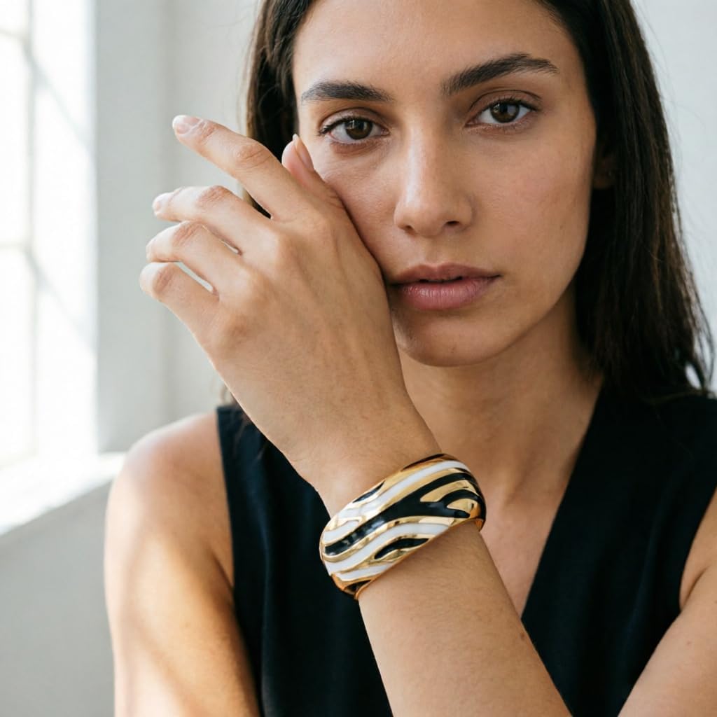 Chunky Gold Bangle Bracelets for Women Enamel Zebra-Print Cuff Bangle Trendy Statement Cuff Bracelet Stack Jewelry Gift