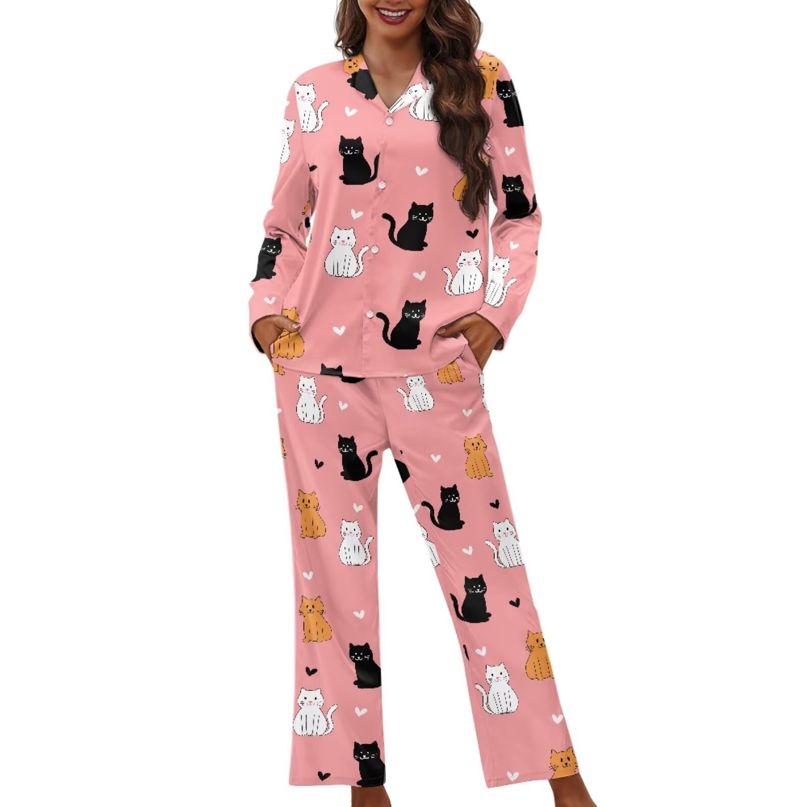 Pyjama femme manches longues imprimé chats en forme de cœur taille S - 8