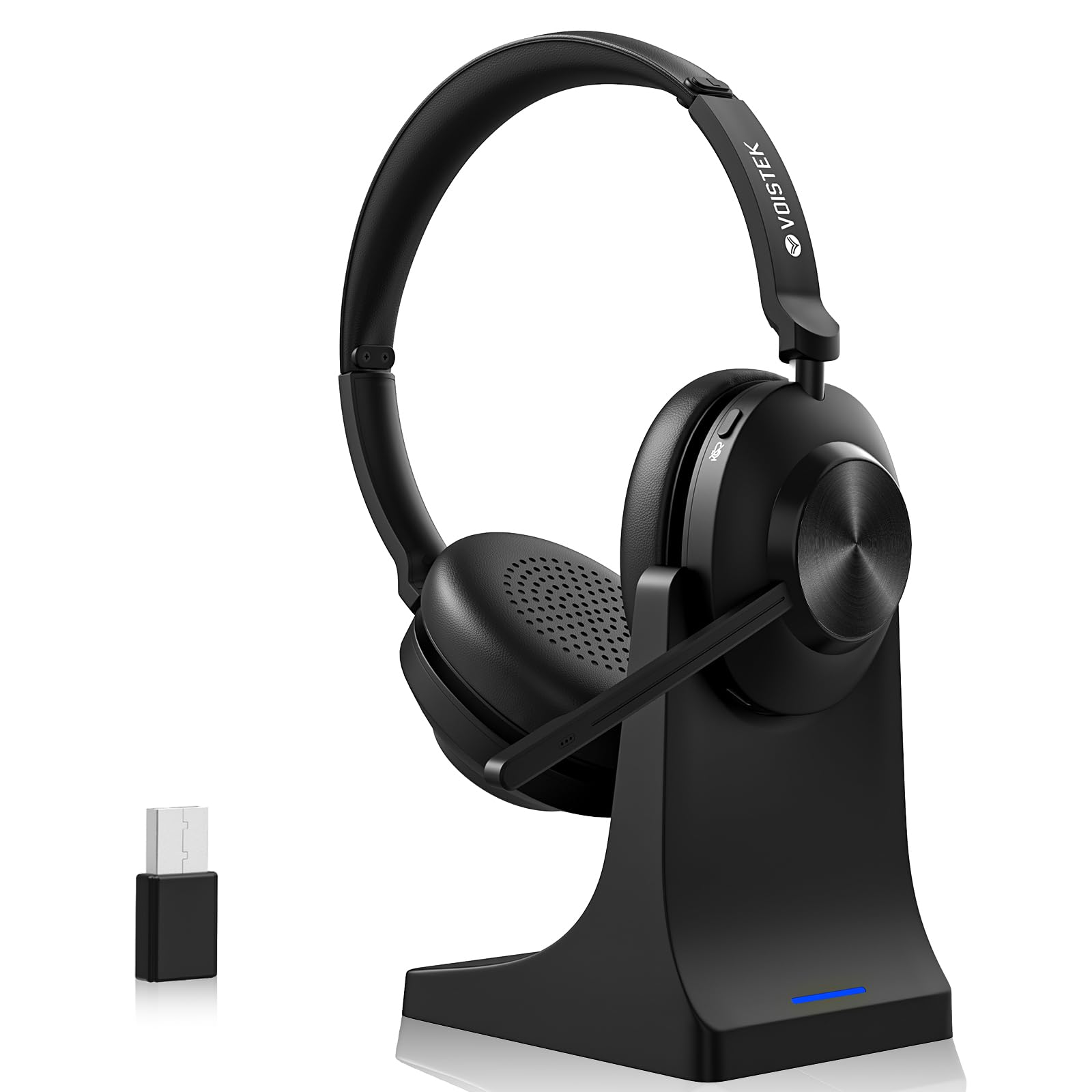 Voistek Headset mit Mikrofon Bluetooth & USB Dongle, 50Std. Akku, On Ear Wireless Headset mit Mikrofon Geräuschunterdrückung– Home Office/Büro/Callcenter, kompatibel mit Smartphones/PC, Ladestation
