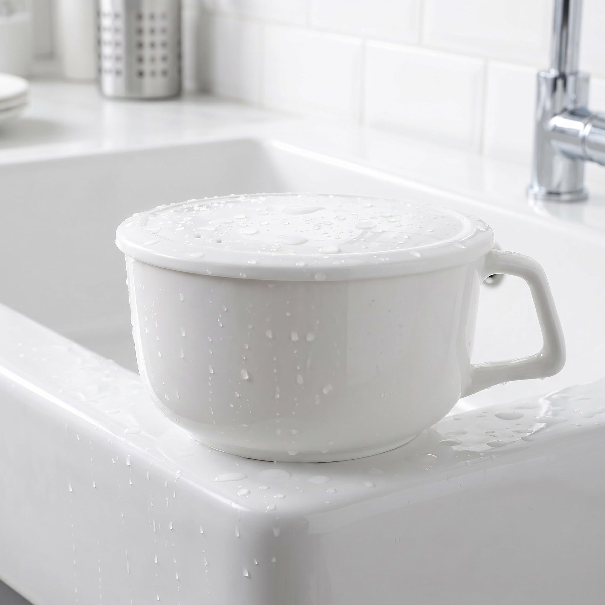 POPETPOP Tazón de Cerámica Blanco con Tapa y Asa Resistente, Diseño Profundo para Microondas, Adecuado para Cocinas Pequeñas y Almuerzos en Oficina