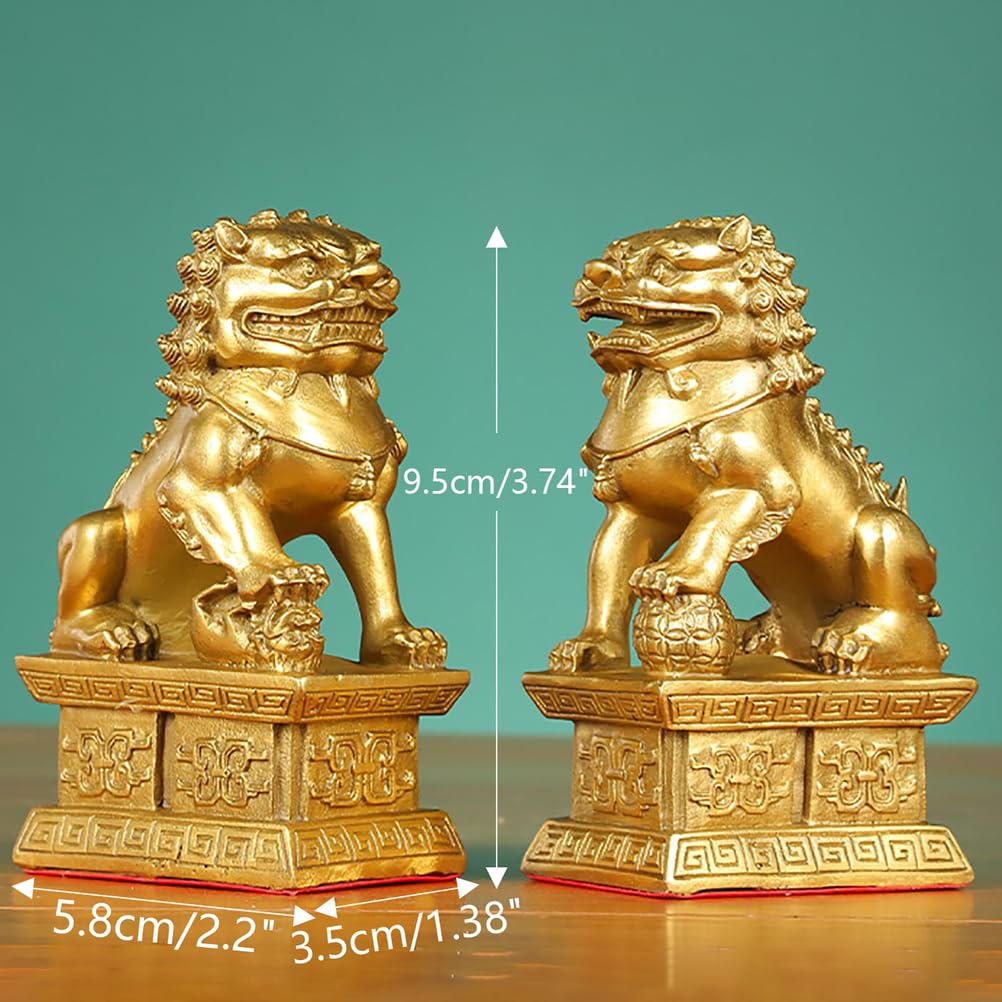 WHSY127 Para mosiężnych posągów psa Fu, chińskie lwy stróżują dla bogactwa i ochrony Feng Shui, figurki do wystroju wnętrz, parapetówkę, mosiądz, 3,74"