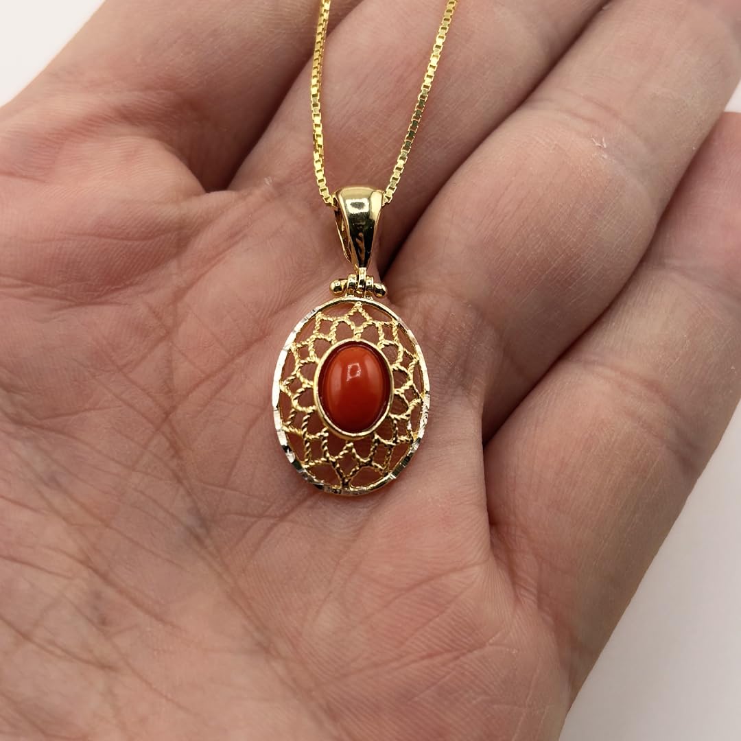 Ciondolo elegante in argento 925 dorato filigrana con corallo rosso naturale del Mediterraneo catenina veneziana 45 cm gioiello donna ragazza elegante artigianale