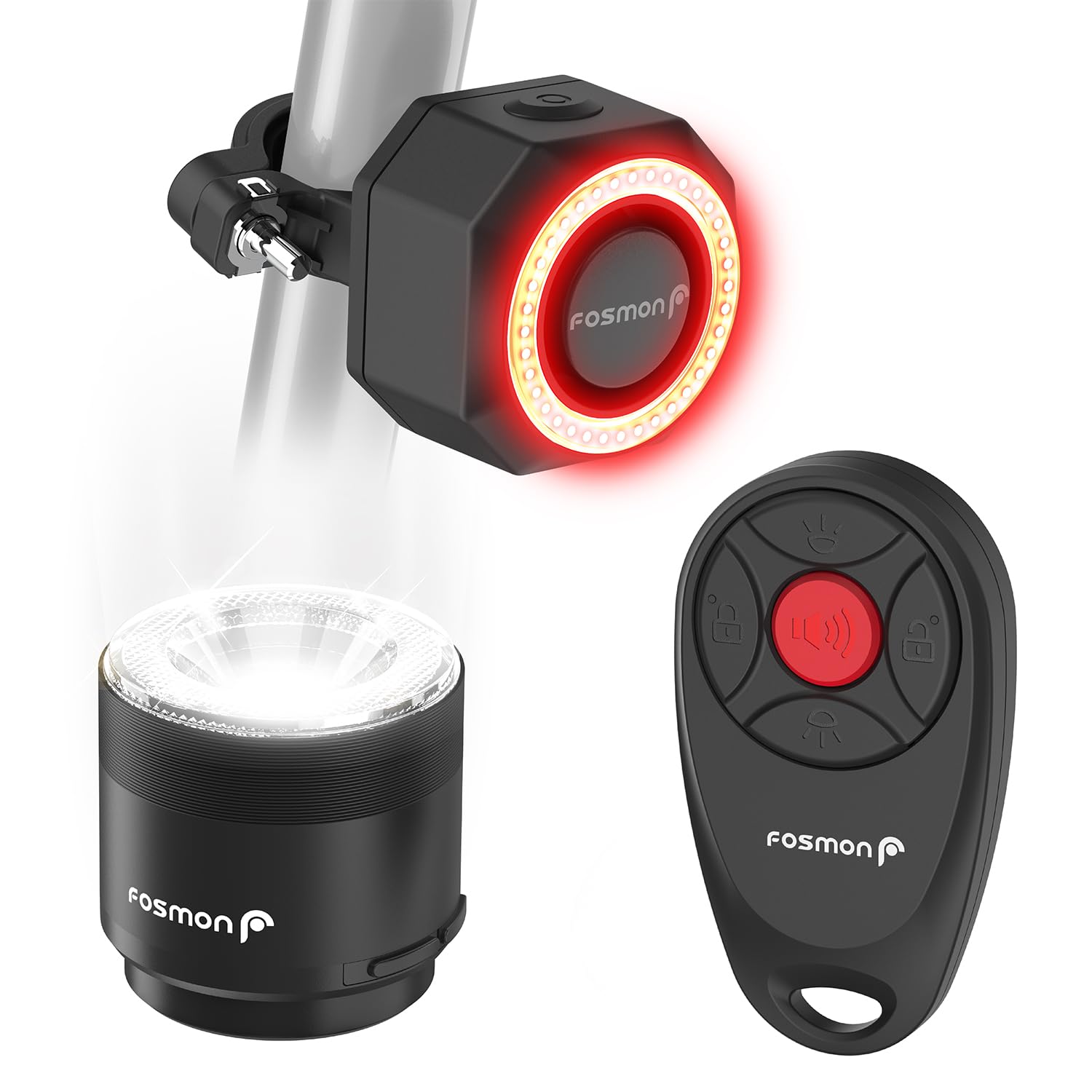Fosmon - Allarme e Luci Anteriori/Posteriori per Bicicletta e Monopattino con Telecomando Allarme antifurto da 110 dB - Luci anteriori e posteriori per bici elettriche, moto e monopattini elettrici