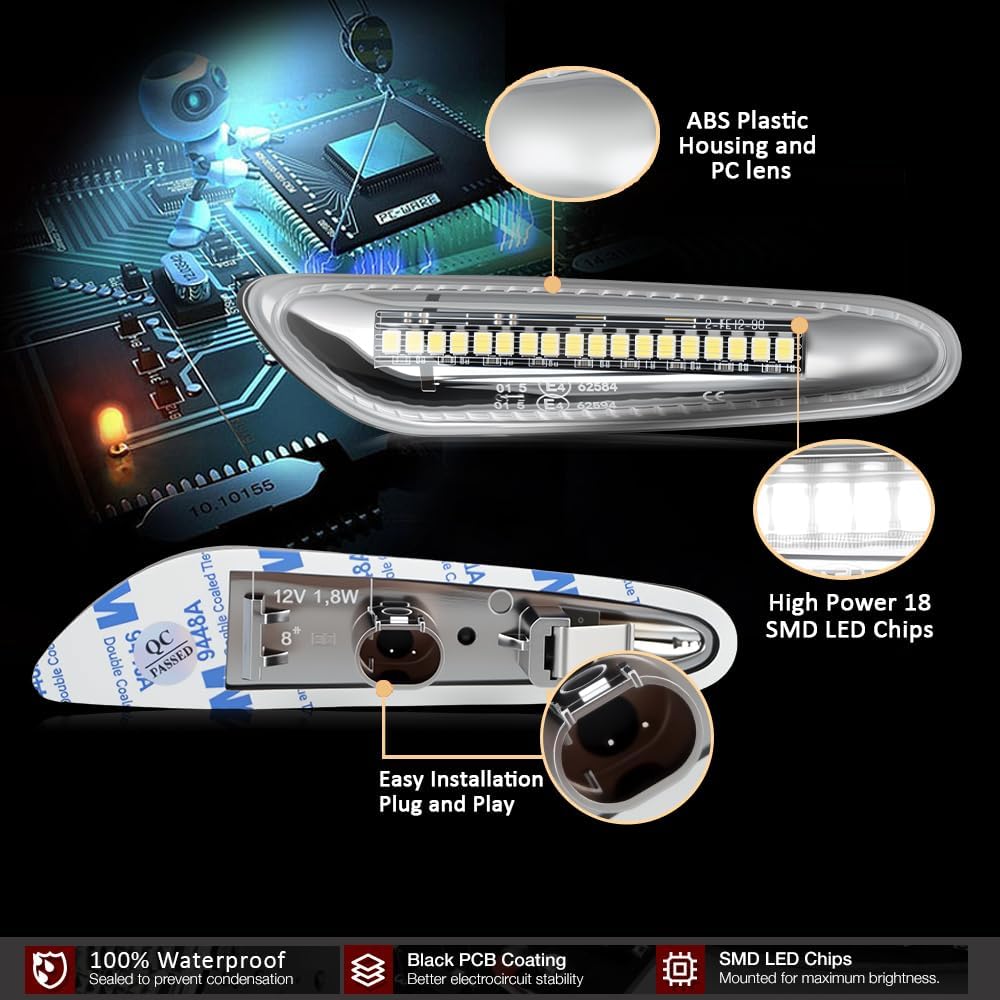 D-Lumina Sequential White LED Side Marker Turn Signal Lights Assembly for BMW E90 E91 E92 E93 E46 E53 E60 E61 X3 E83 X1 E84 E81 E82 E87 E88 Side Marker Light, Clear Lens Side Marker Lamp, Pack of 2