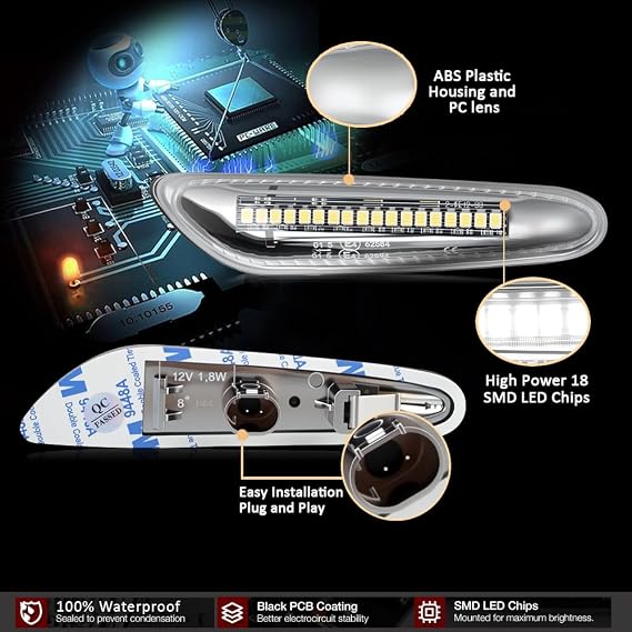D-Lumina Sequential White LED Side Marker Turn Signal Lights Assembly for BMW E90 E91 E92 E93 E46 E53 E60 E61 X3 E83 X1 E84 E81 E82 E87 E88 Side Marker Light, Clear Lens Side Marker Lamp, Pack of 2
