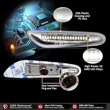 D-Lumina Sequential White LED Side Marker Turn Signal Lights Assembly for BMW E90 E91 E92 E93 E46 E53 E60 E61 X3 E83 X1 E84 E81 E82 E87 E88 Side Marker Light, Clear Lens Side Marker Lamp, Pack of 2