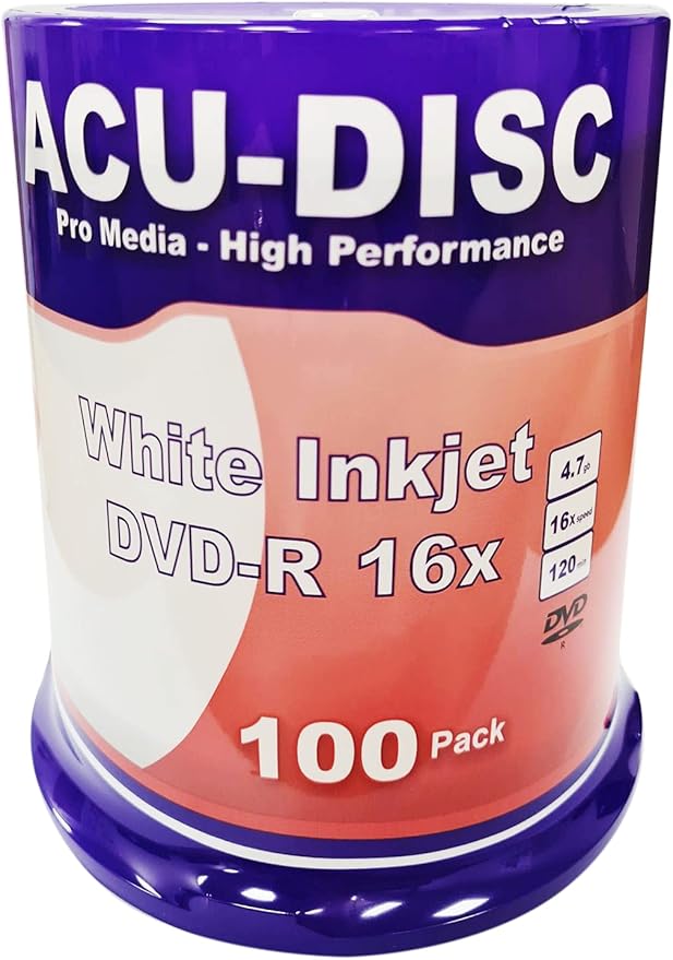 ACUDISC DVDR Blank 16x 4.7GB 120 Mins Full Face White Hub Inkjet