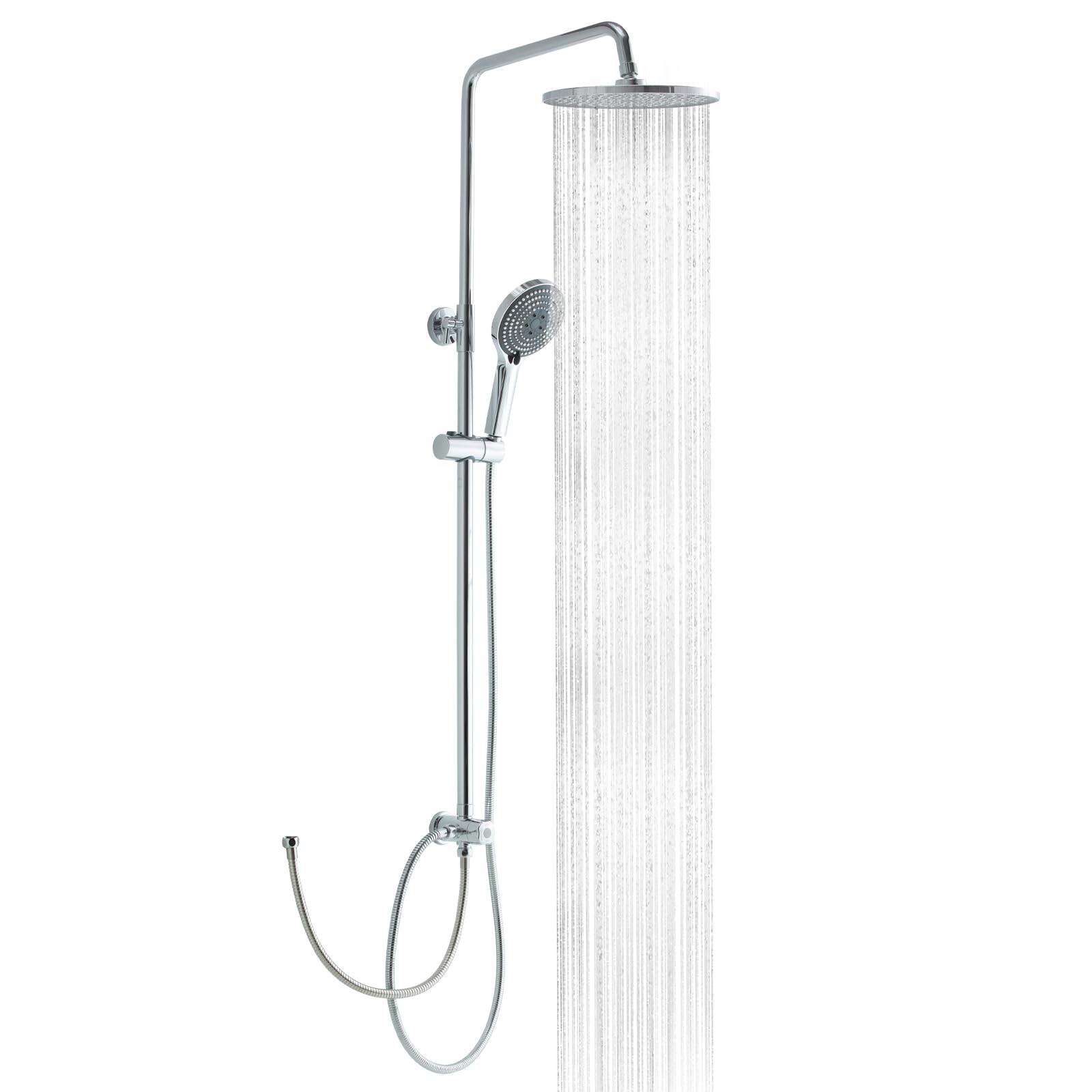 OFFO Colonna Doccia Senza Miscelatore, Asta Doccia Saliscendi con Soffione Rotonda 25x25cm e Doccetta 3 Getti, Asta Doccia Regolabile in Altezza 86-120cm, Tubo Acciaio Inox Antitorsione 1.6m, Cromo