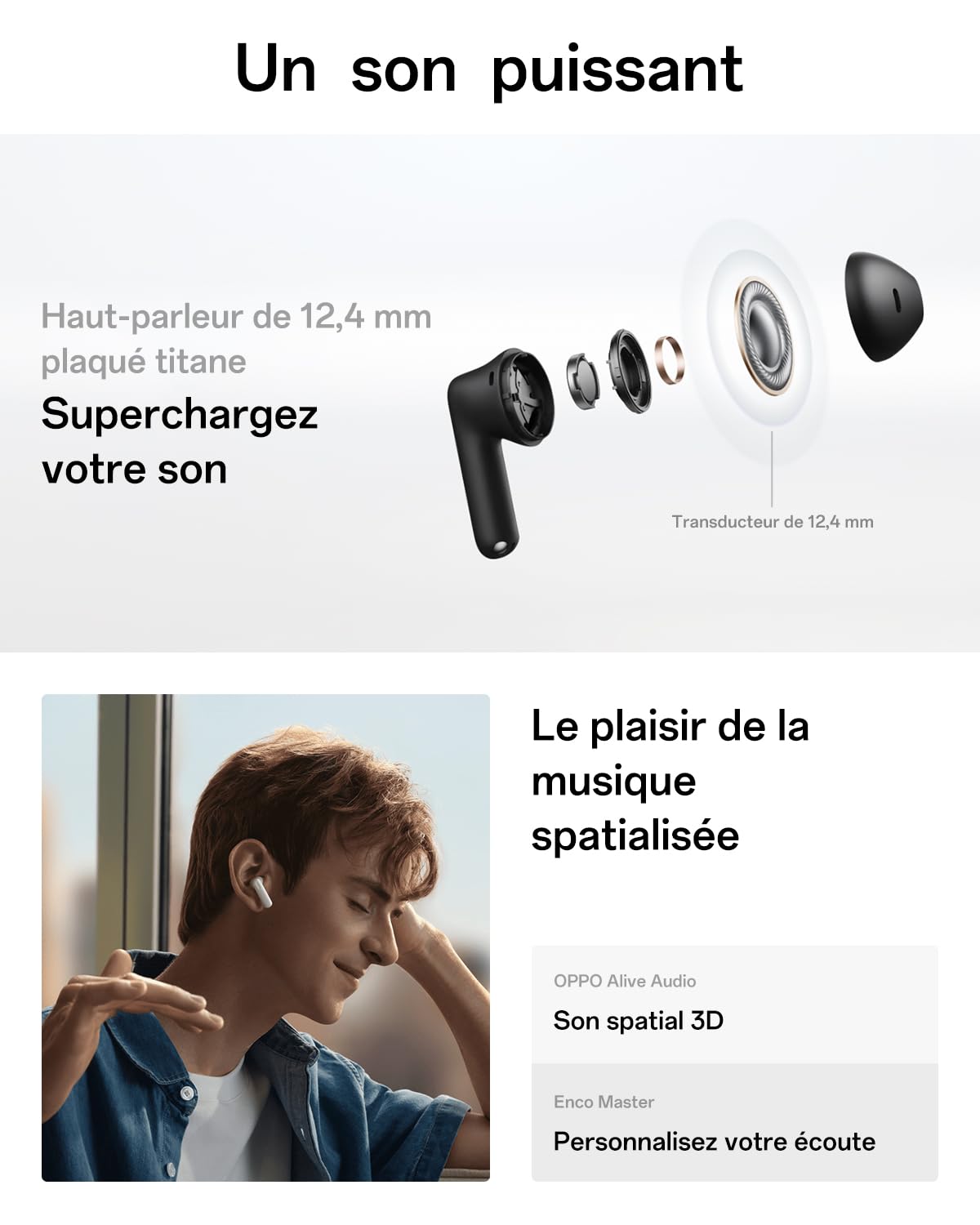 OPPO Enco Buds3 Écouteurs True Wireless, Casque Intra-auriculaire Bluetooth 5.4 Stéréo, 48H de Lecture, Unité de Haut-Parleur Dynamique de 12,4 mm, IP55, Son Spatial 3D, Snow White