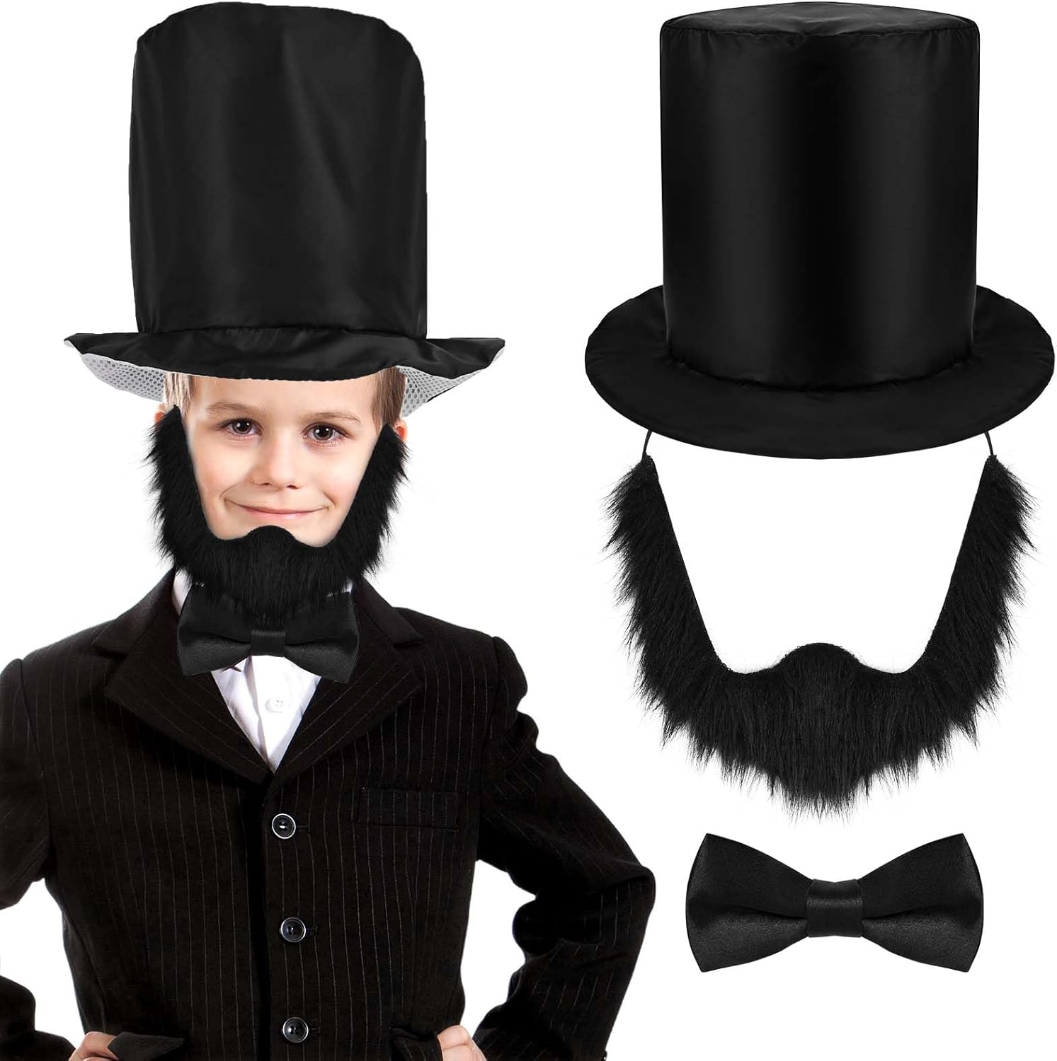 Honic 3 Pcs Abe Costume Accessories Set with Abe Foldable Tall Hat Black Bow Tie and Fake Beard Historic Person Accessory for Halloween Presidents Day Patriotic Cosplay 100 Days of School Dress up