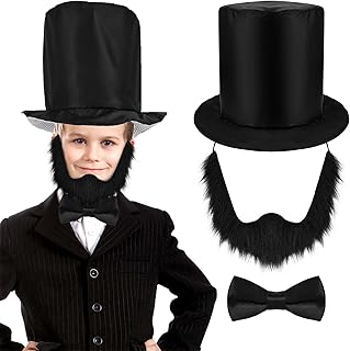 3 Pcs Abe Costume Accessories Set with Abe Foldable Tall Hat Black Bow Tie and Fake Beard Historic Person Accessory for Halloween Presidents Day Patriotic Cosplay 100 Days of School Dress up