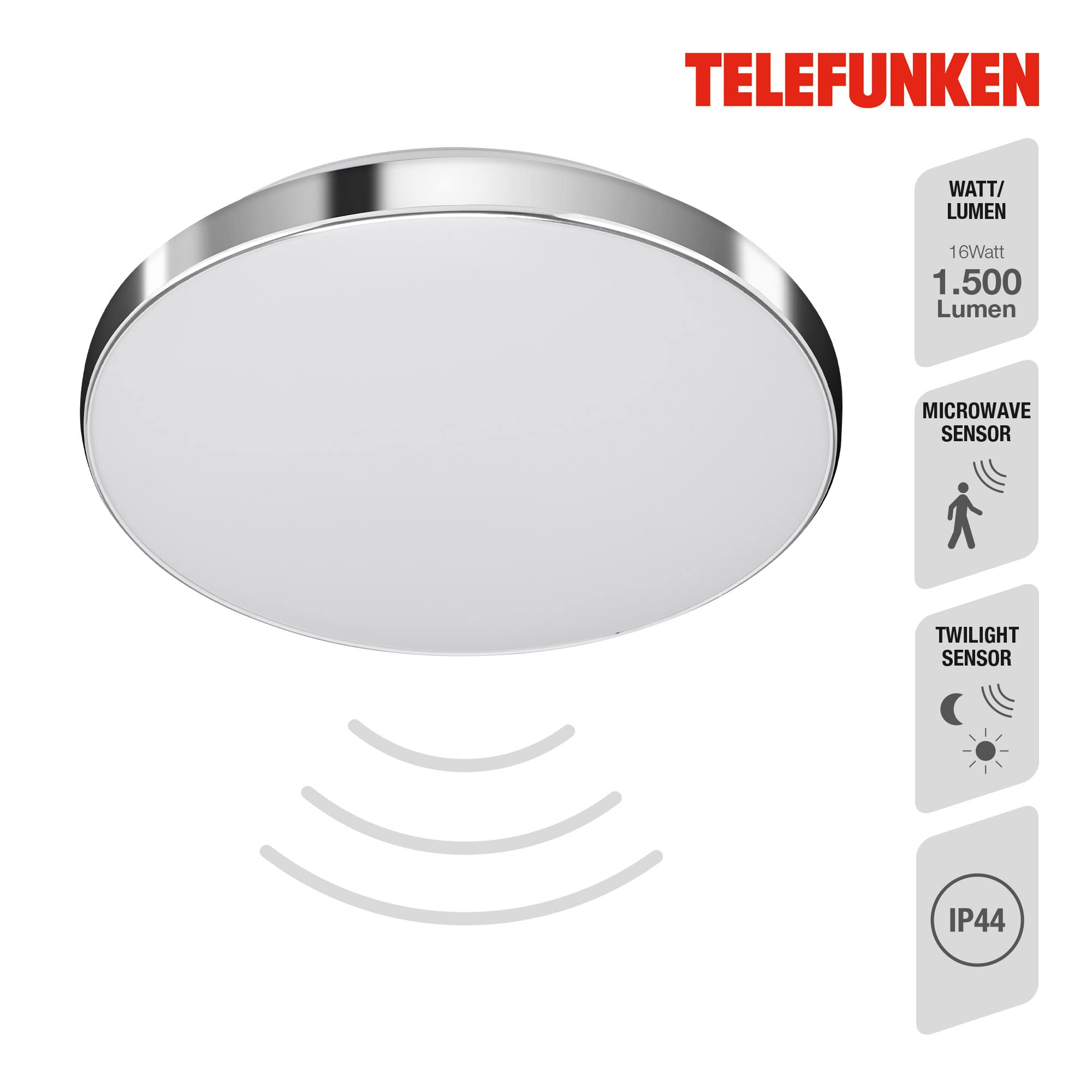 Telefunken - Lampa sufitowa LED, z czujnikiem ruchu, lampa sufitowa z czujnikiem światła dziennego, neutralna biała barwa światła, funkcja światła ciągłego, 16 W, 1500 lumenów, biała/chrom, Ø 29 cm