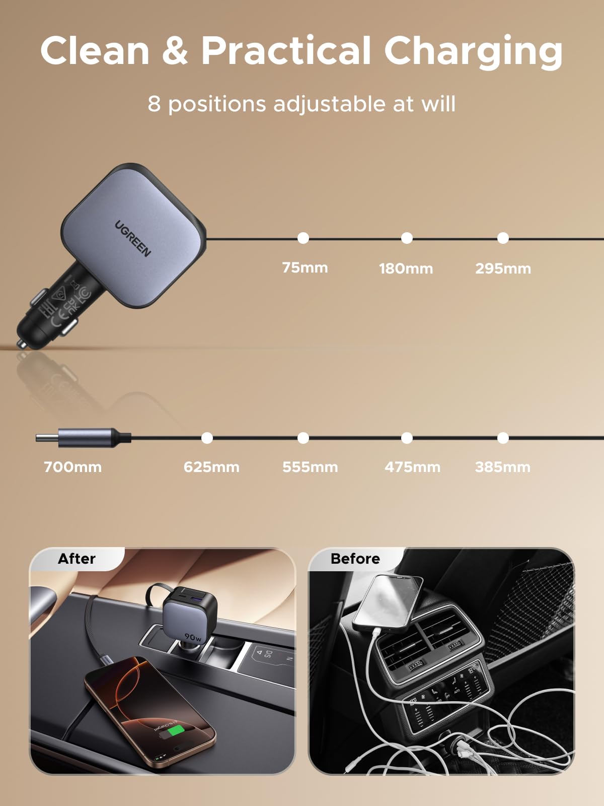 UGREEN Nexode 90W Chargeur Allume Cigare USB C Rétractable 60W Câble USB C | Prise Allume Cigare 3 Ports Chargeur Voiture Charge Rapide Compatible avec iPhone 17 Pro Max Air 16 MacBook iPad Galaxy S26
