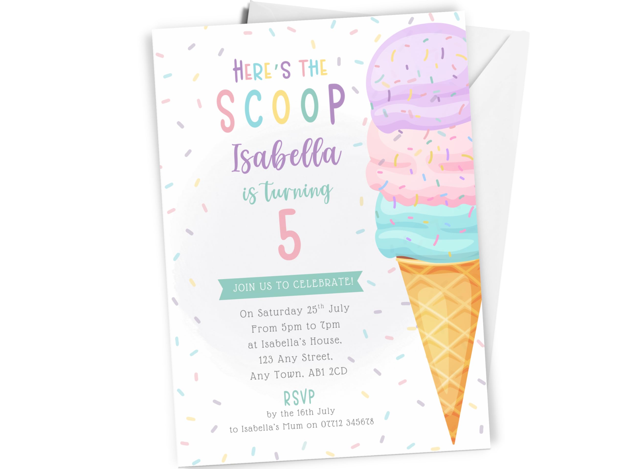 Love To Cherish 10 x Personalised Ice Cream Party Birthday Invitations with envelopes, Girls Summer Themed Party Birthday Invites, Pink Here's The Scoop Ice Cream Cone Invites