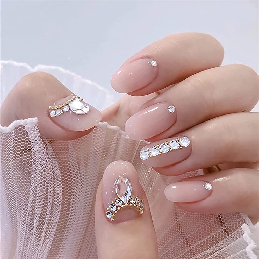 ELECDONPress on Nails Short with Rhinestone, 24 Pcs French Tip Fake Coffin Nails, Ballerina False Nails, Natural Manicure Press on Fake Nails, Acrylic Nails Glue on Nails for Women and Girls