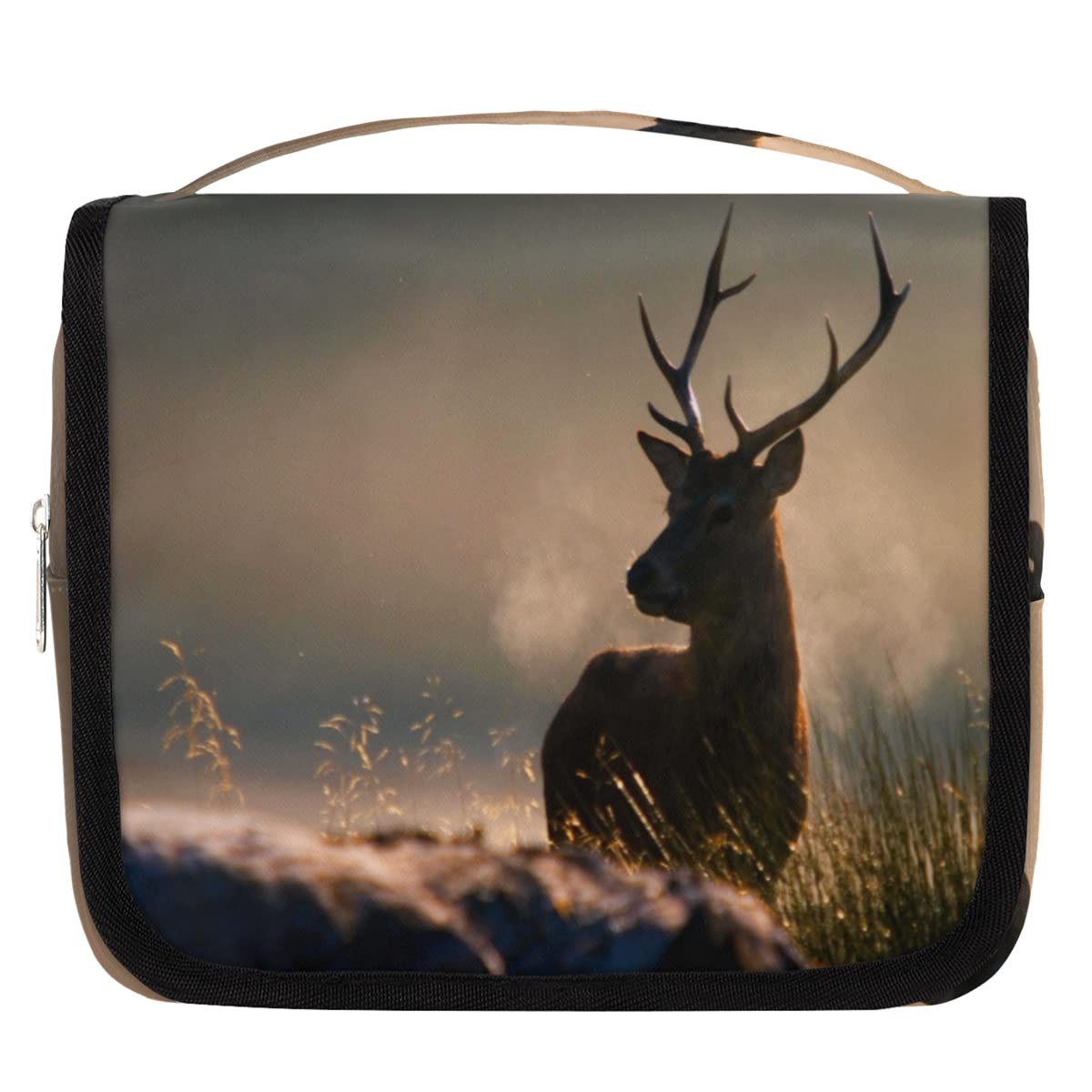 Bolsa de aseo de viaje para ciervos con paisaje matutino, bolsa de lavado unisex para colgar artículos de tocador cosméticos, multicolor, Talla única