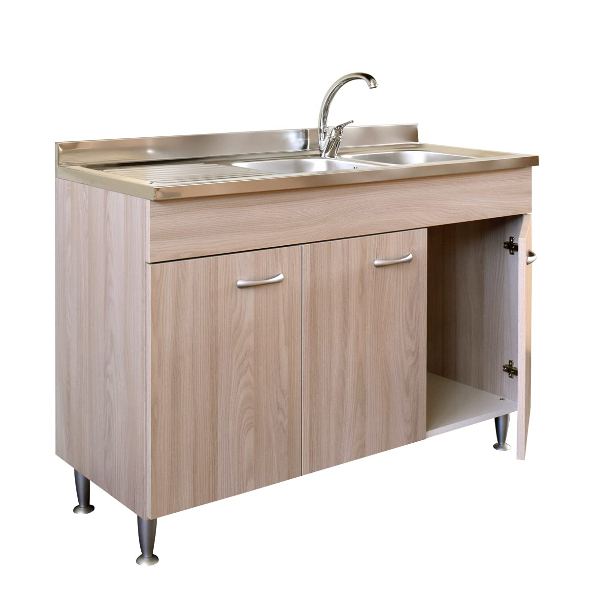 Yellowshop | Mobile cucina sottolavello a 3 ante cm 120x50 colore Olmo completo di lavello inox serie Basic (Versione Sx)