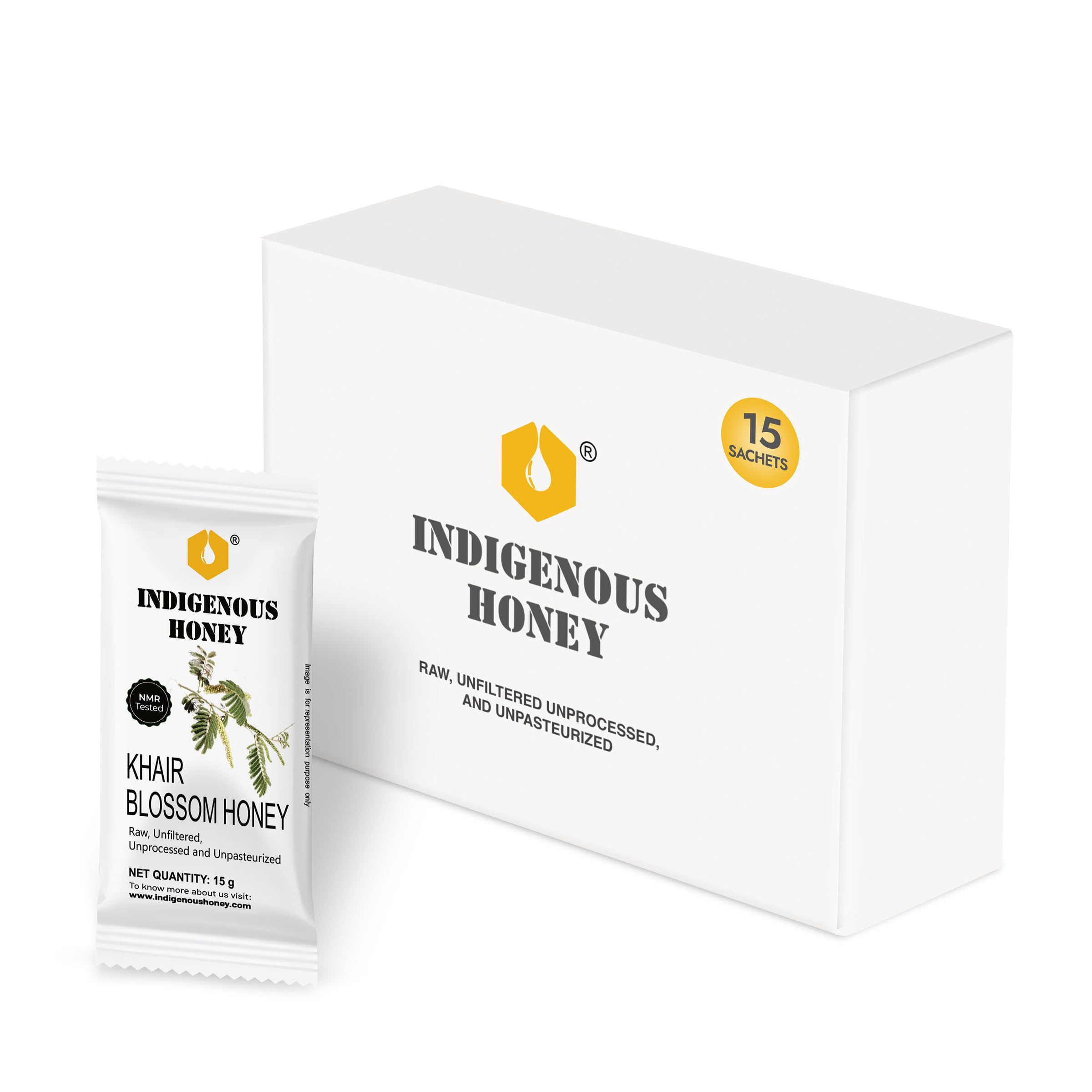 INDIGENOUS HONEY Pure Khair Honey Organic Natural Raw Unprocessed Added Sugar Free NMR Tested Unpasteurized Unheated 15 Hygienic Sachets 15g Each Total 225g