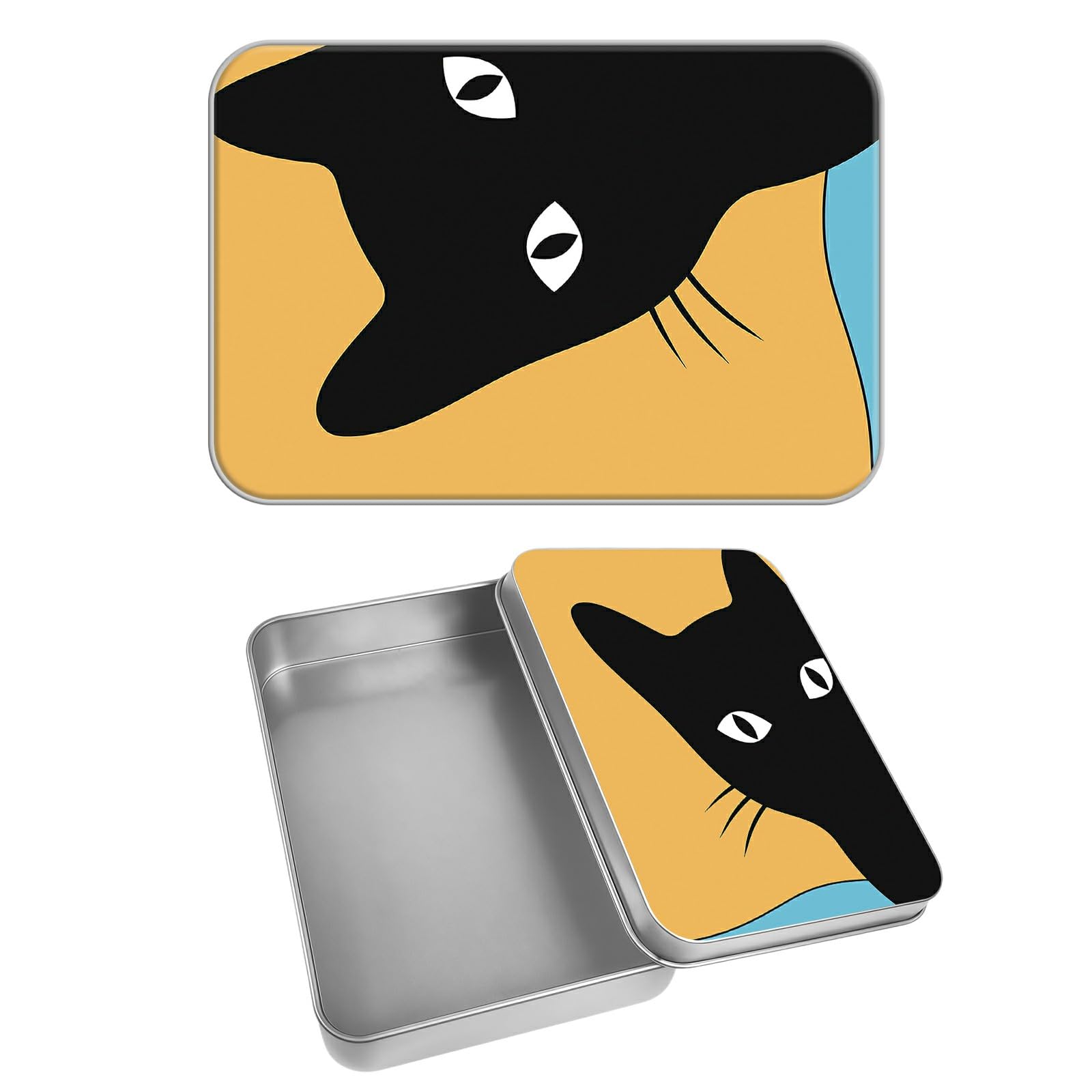Rectangular Metal Tin Box with Removable Lid, Black Cats Decorative Printed Metal Storage Container for Cards, Diaries, Home Organization 4.53 x 3.35 x 0.86 inch– Single Pack