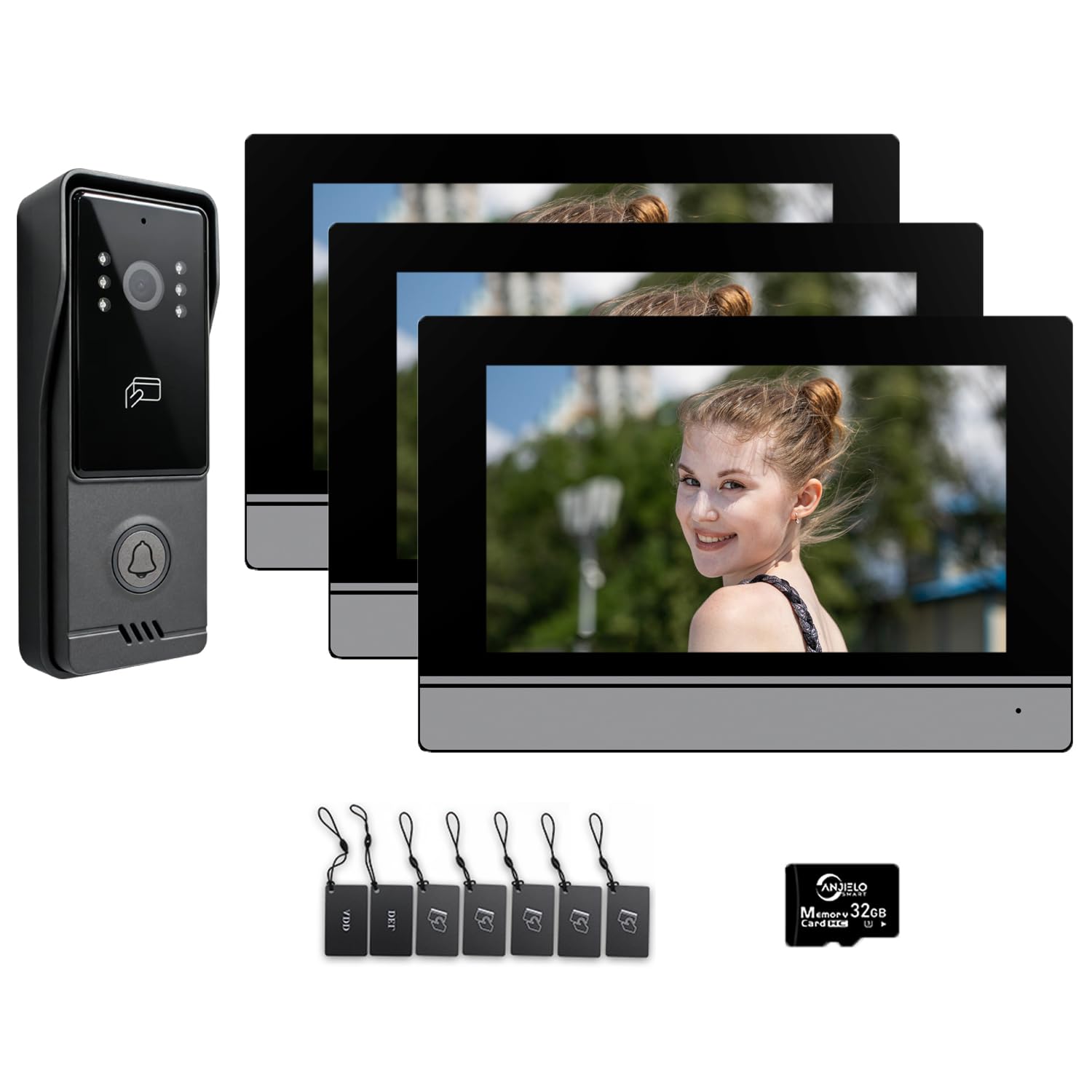 4-Draht-Video-Türsprechanlage für Einfamilienhäuser, Video-Türklingelkamera mit 7-Zoll-WLAN-Monitor, Zwei-Wege-Audio, einfache Installation, Nachtsichtgerät (1 Klingel + 3 Monitor schwarz)