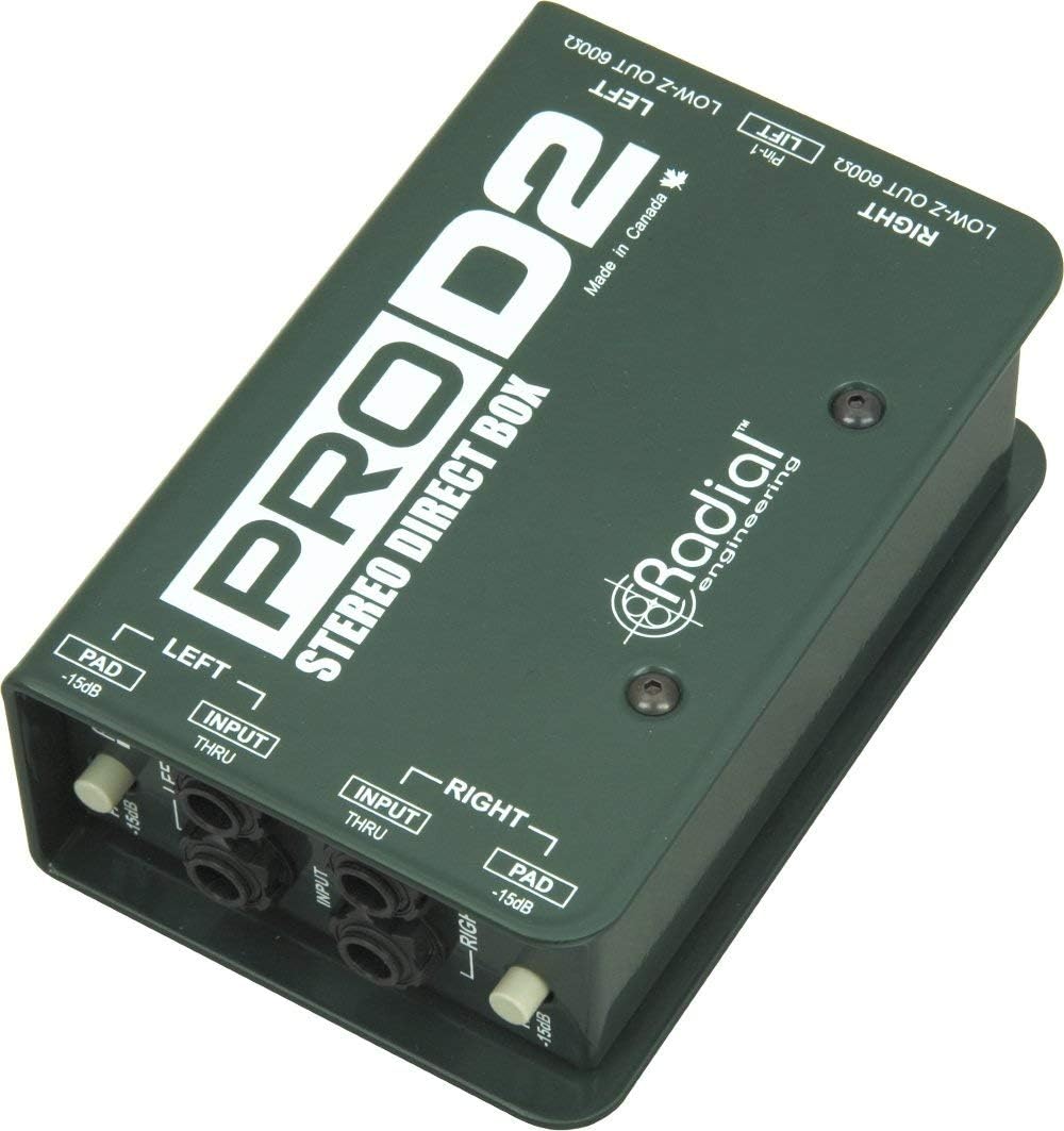 Radial ProD2 Passive 2 Channel Instrument Direct Box Passive Stereo DI with Isolation Transformer, 15dB Pad and Lift Switch with Microphone Cable and Instrument Cable