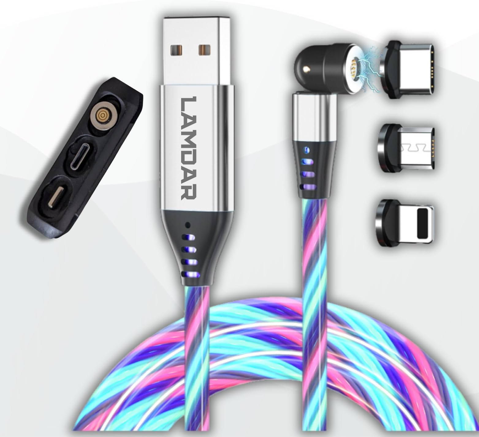 LAMDAR 3-in-1 USB Charging Cable with Lumination Led, 360°& 180° Magnetic Connector Phone Charger Cable Compatible with iP/Type-C/Micro, Quick charge 3.0 (2M, Silver)