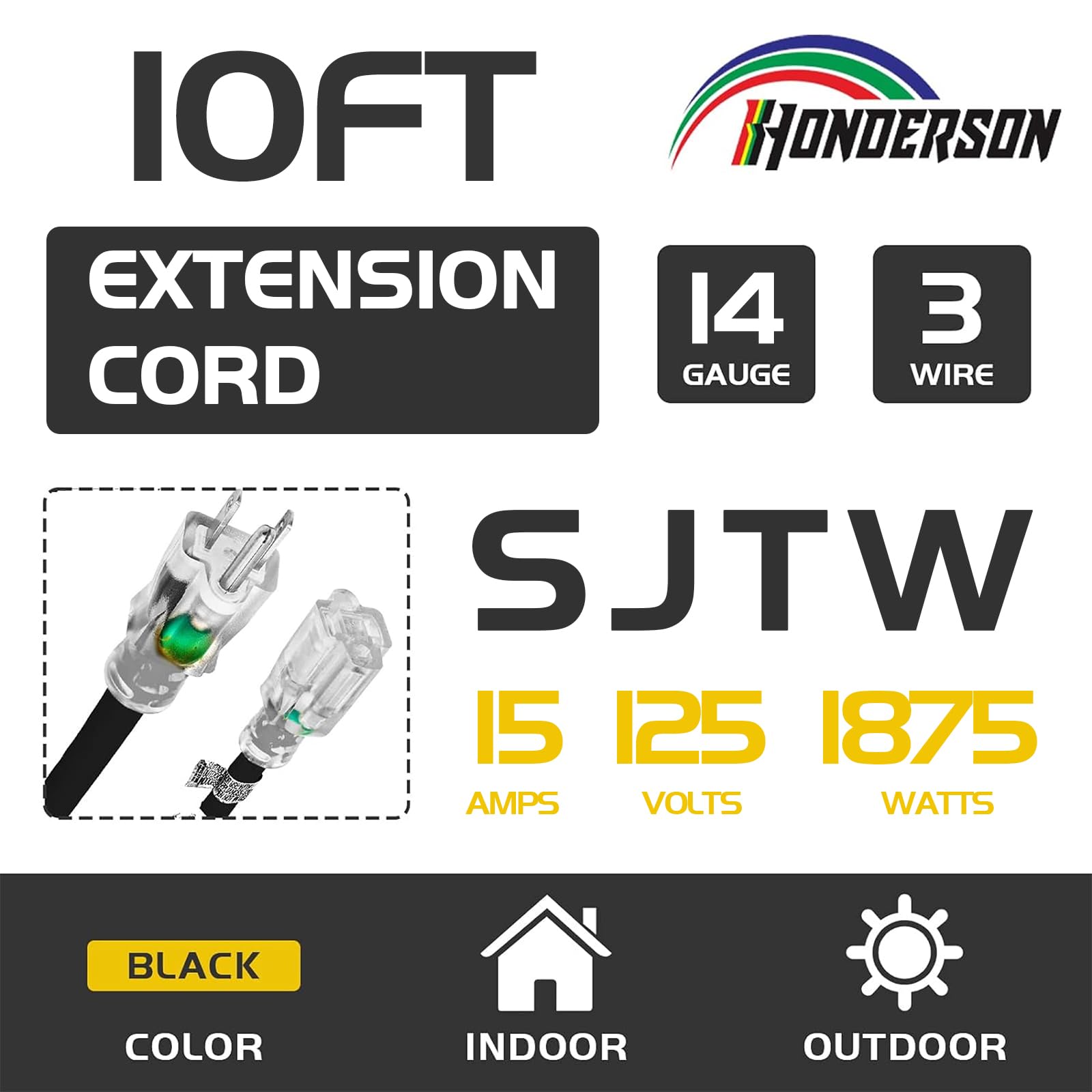 Cable de extensión para exteriores con iluminación de 10 pies 14/3 – Calibre 12 3 puntas SJTW resistente cable de extensión negro con enchufe de 3 puntas para mayor seguridad, listado UL