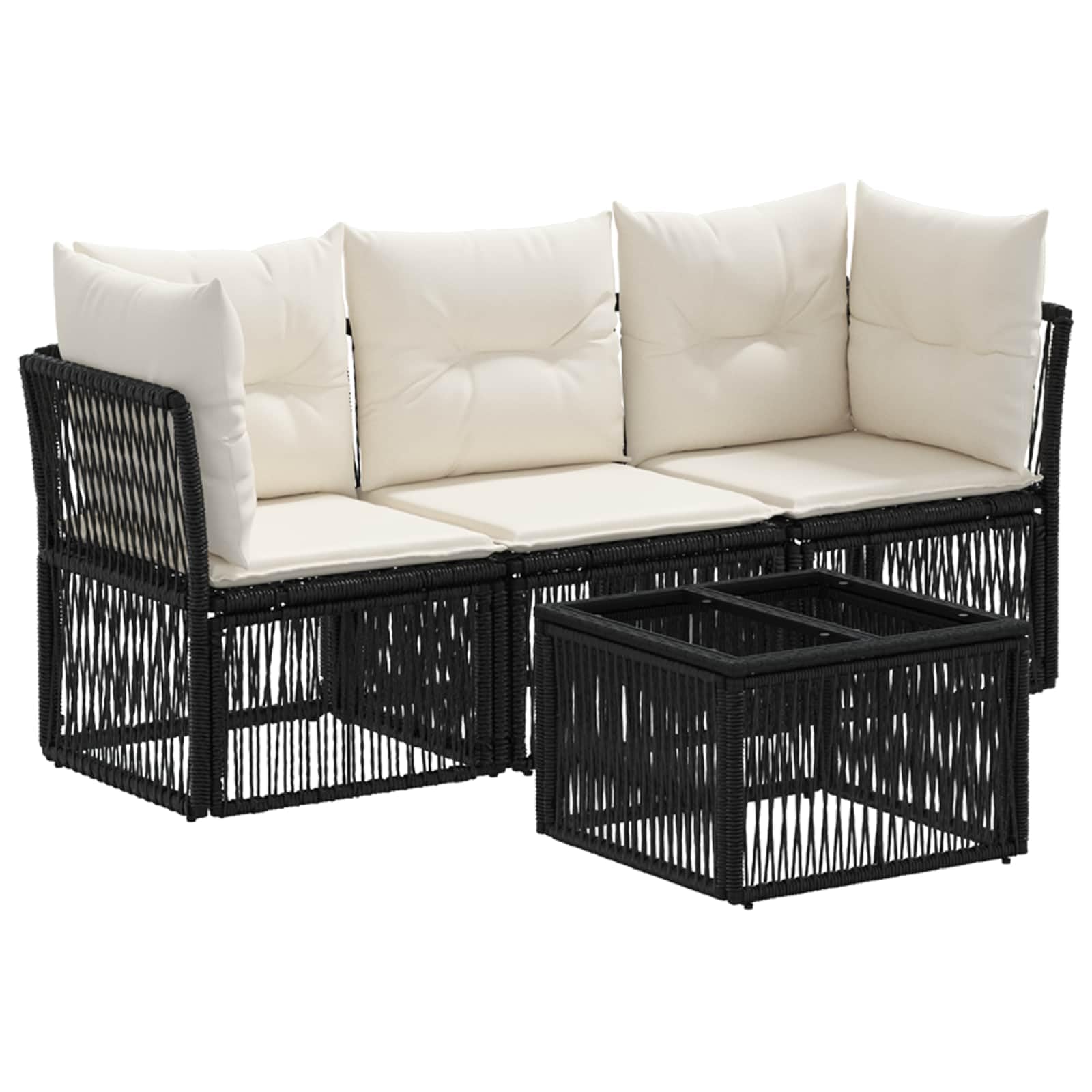 Set di 4 divani da giardino in polyrattan nero | Gruppo lounge modulare con tavolo e cuscini per possibilità di posizionamento flessibili sulla terrazza o in giardino.
