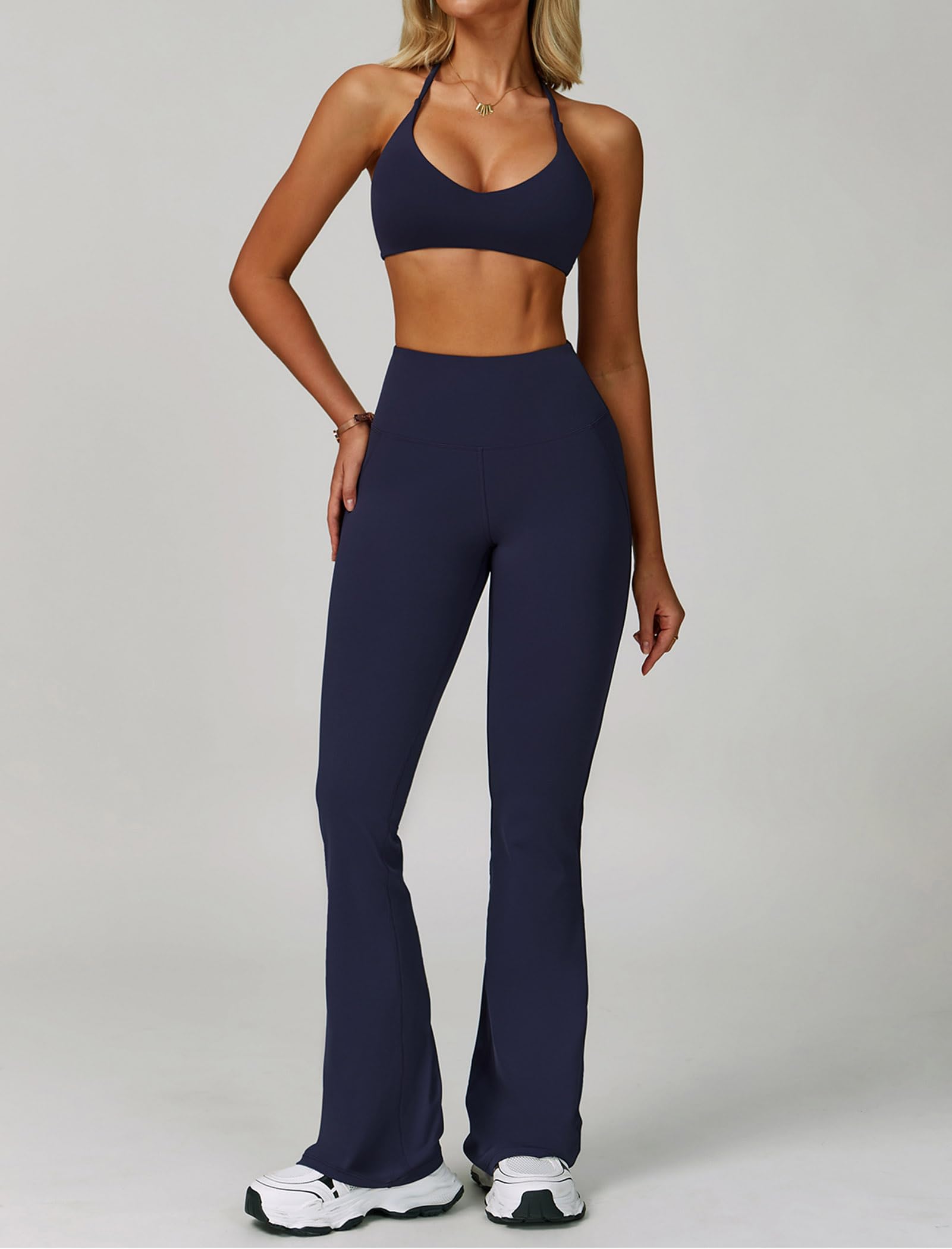 IMEKIS Gym Set Damen Sport Outfit Strappy Rücken Sportbh mit Schlaghose 2 Teilig Yoga Pilates Kleidung Sportanzug Fitness Workout Activewear