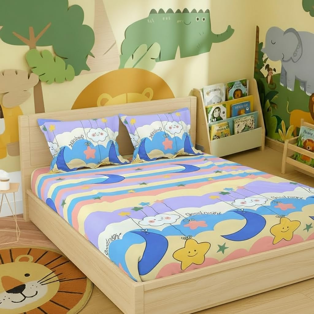 Filymore Kids Good Night Bed Sheet for Double Bed Made with Microfiber 240 TC Wrinkle Free Soft | Good Night bedsheet for Kids Double/King Size Bed (90x95 Inches/Boys Girls Room)(SkyBlue)-image-43