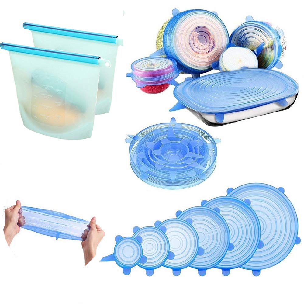 Suberiyi Blue Silicone Stretch Lids, Various Sizes Reusable Food Storage Covers For Bowl, Can, Jar, Glassware, Food Saver Set Of 6 + 2 Packs Silicone Food Storage Bags (8 Packs),