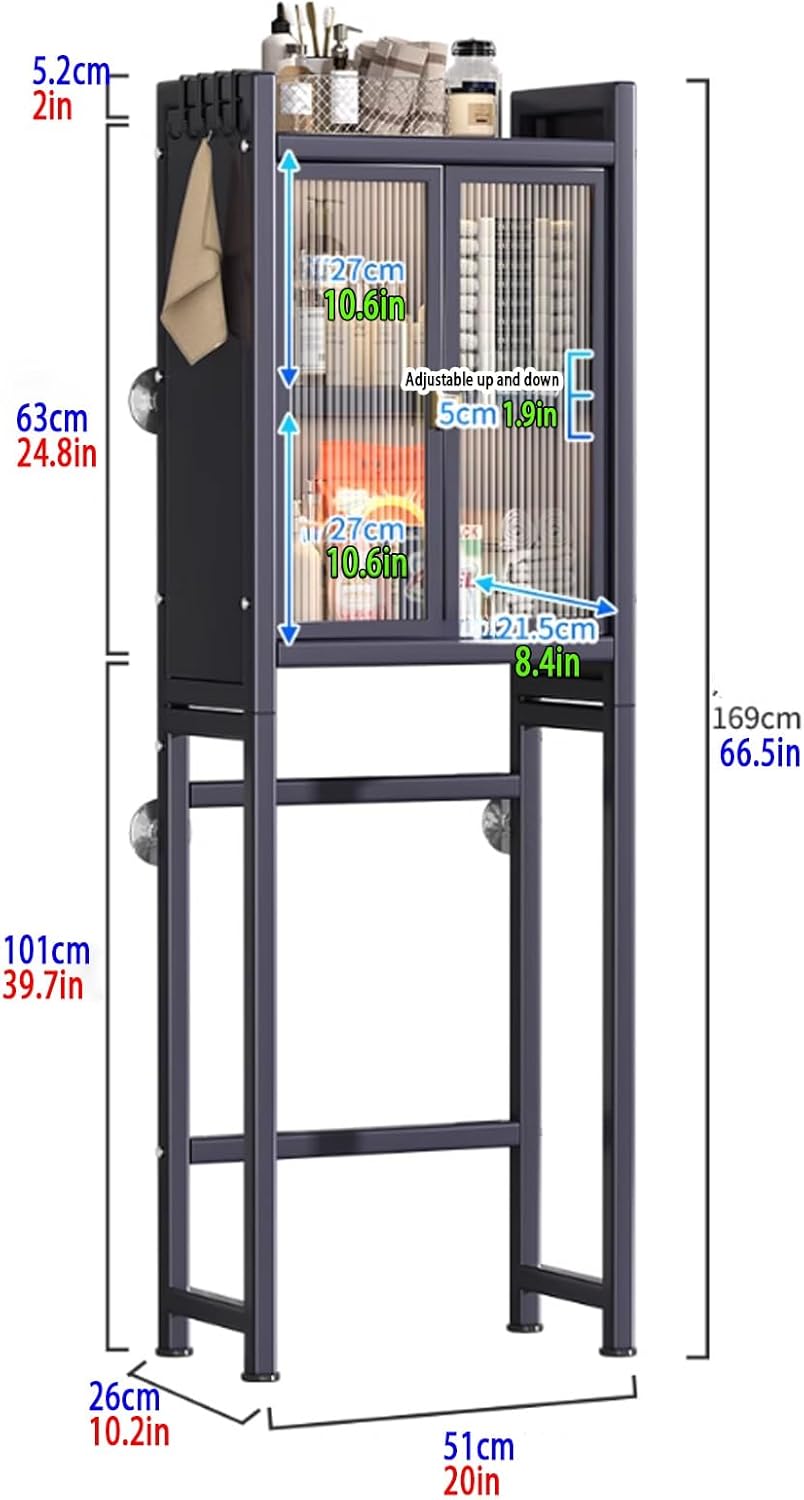 Over The Toilet Storage Cabinet, Floor-Standing Over Toilet Bathroom Organizer, Metal Bathroom Storage Cabinet, Space Saver Toilet Rack, Adjustable Shelf(Black)