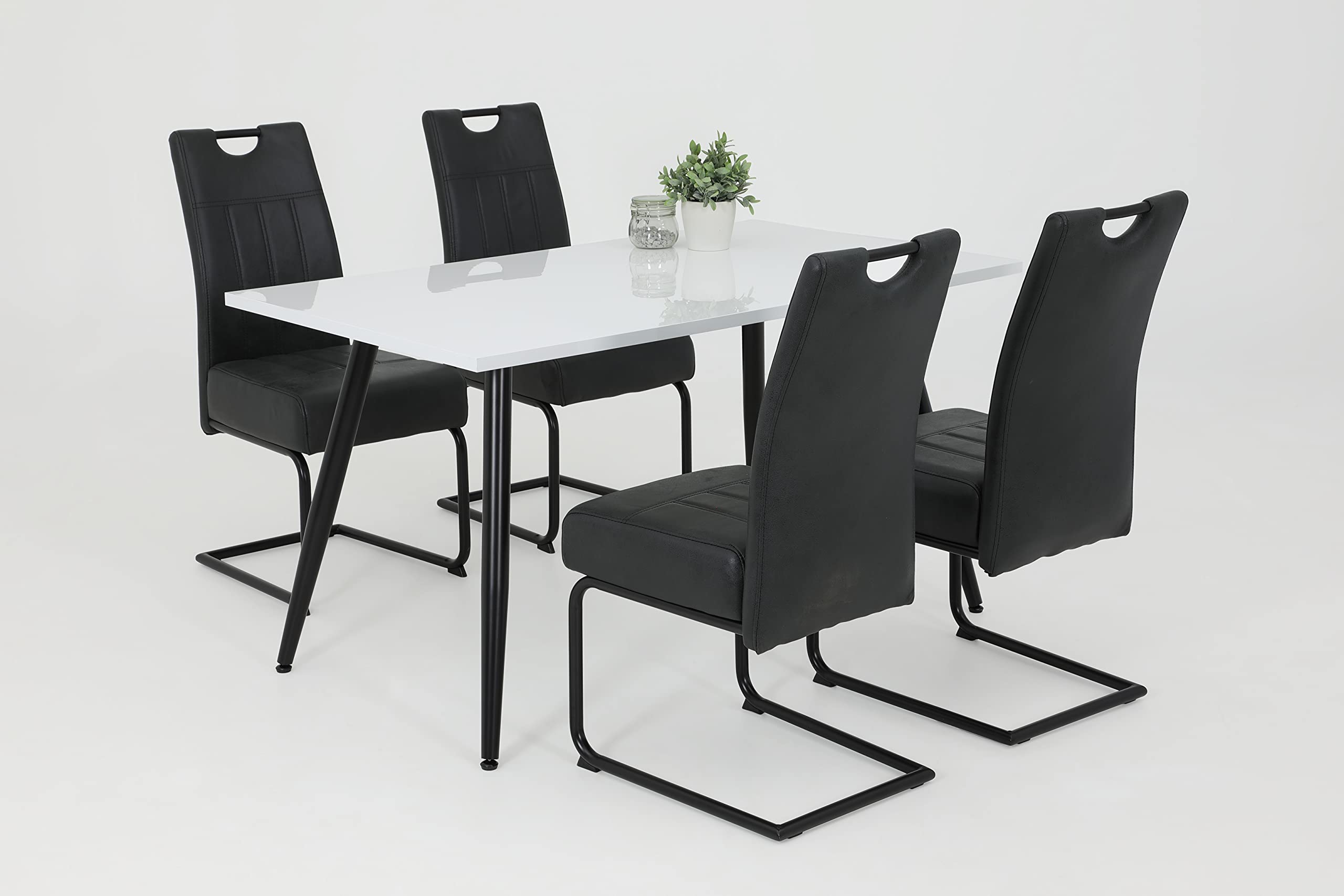 Hela Tische, Anika Table De Salle À Manger, Rectangulaire, Bois Laqué, Blanc Brillant, Piètement Tubulaire Rond Noir, 140 x 90 cm