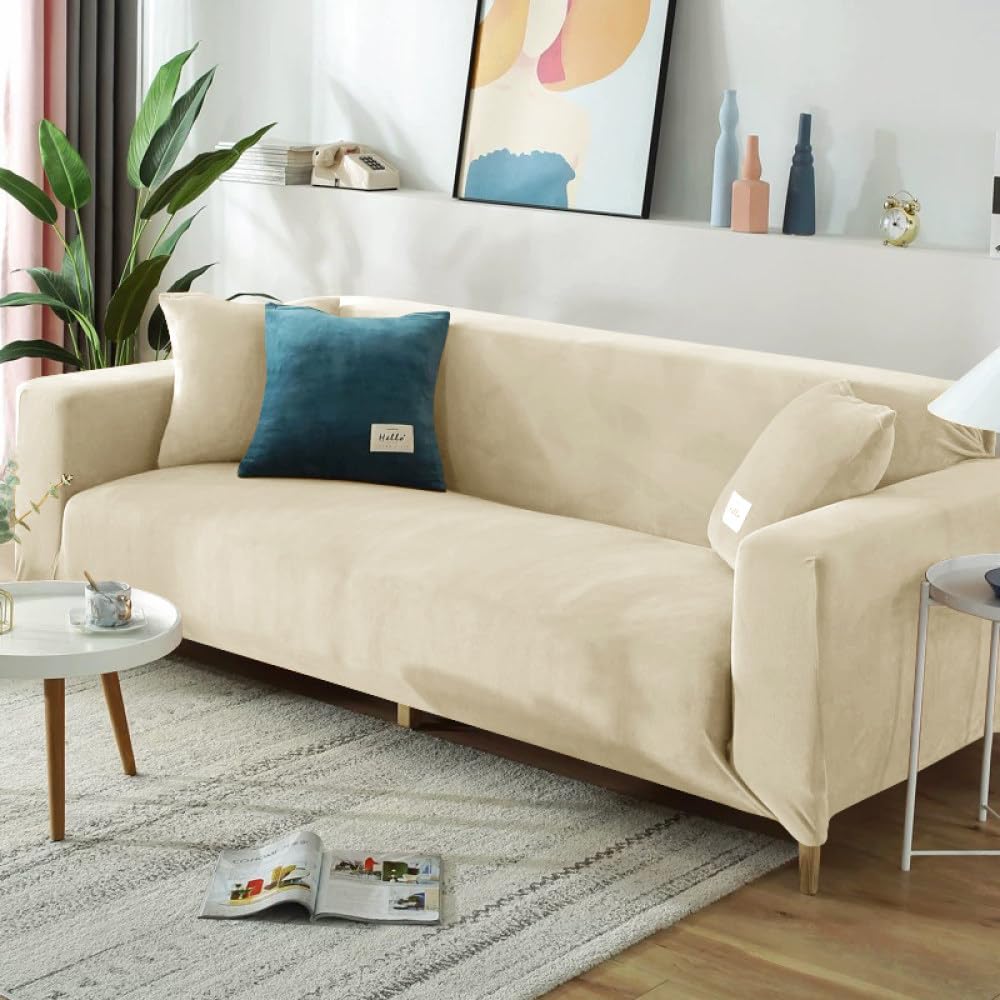 Funda Sofa 3 Plazas,Fundas De Sofá De Terciopelo Grueso, Funda De Sofá De Terciopelo Beige De Color Puro, Protector De Muebles Antideslizante De Alta Estiramiento Fundas De Sofá De Fácil Ajuste P