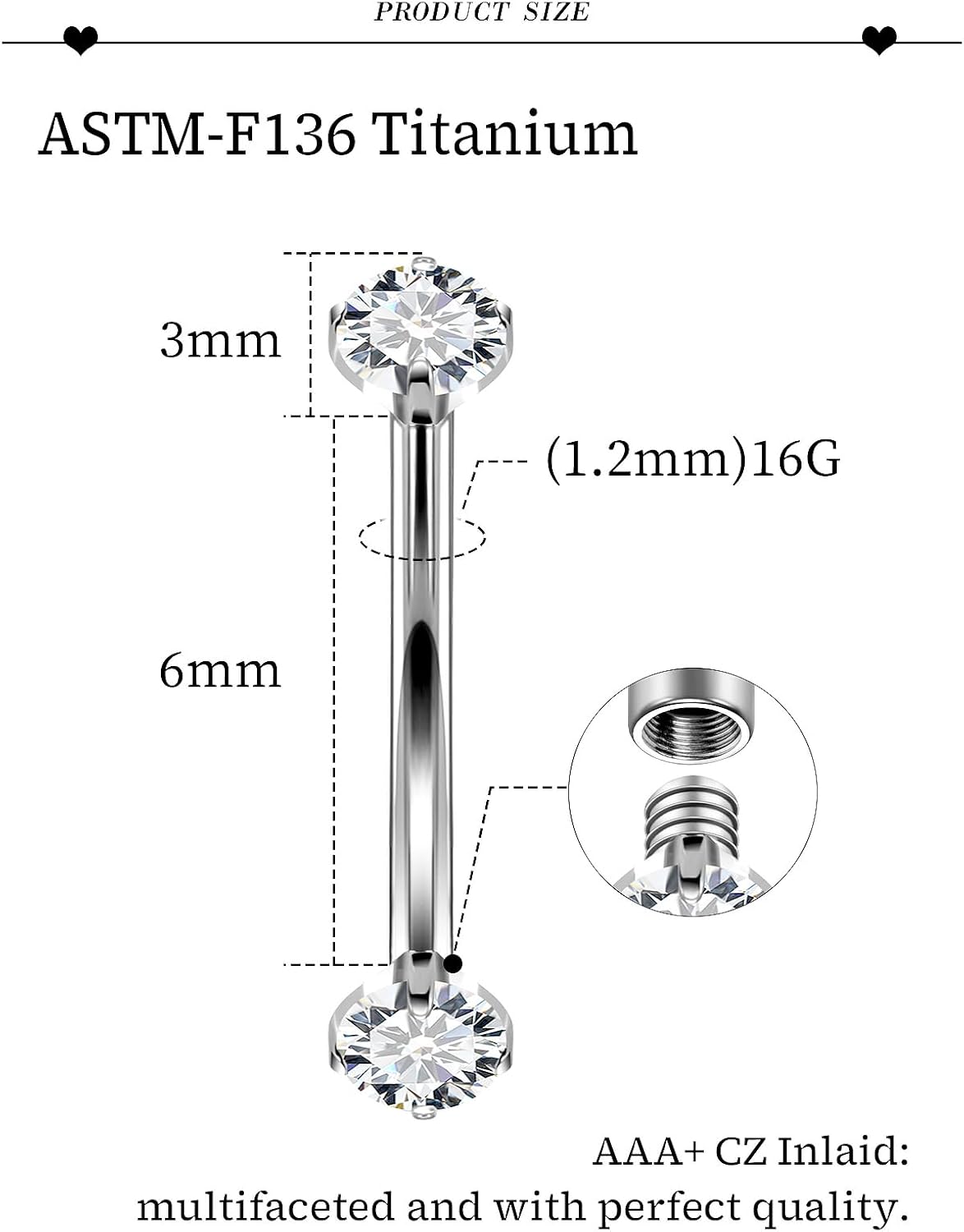 16G Astm F136 Titanium Eyebrow Piercing Jewelry Curved Barbell Eyebrow Ring Vertical Labret Lip Jewelry Daith Rook Earrings Navel Small Belly Button Ring Piercing Jewelry for Women Men CZ - Image 2